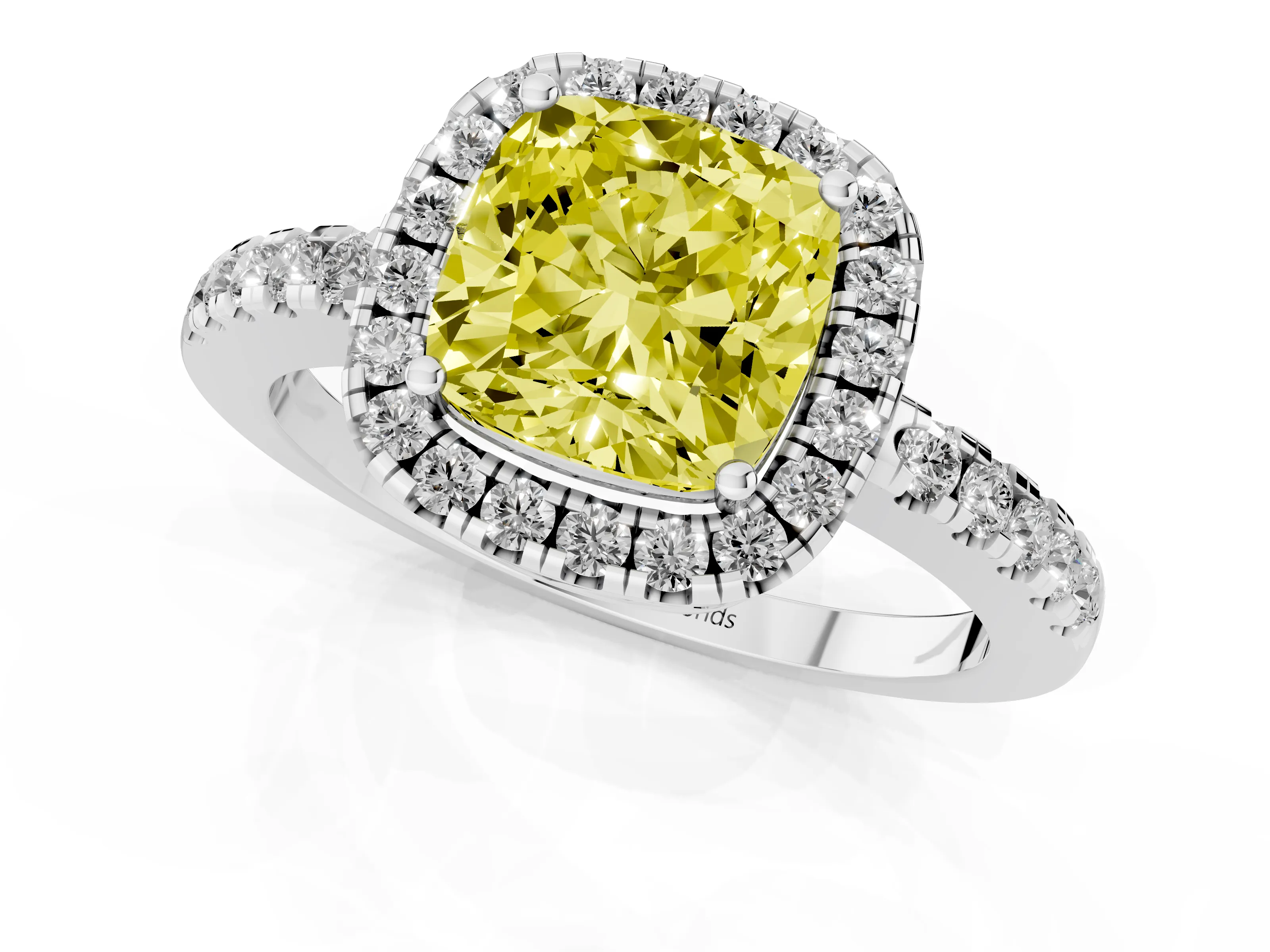 Fancy Yellow Cushion Cut Diamond Pavé Band Halo Engagement Ring Set in White gold with Prong Setting