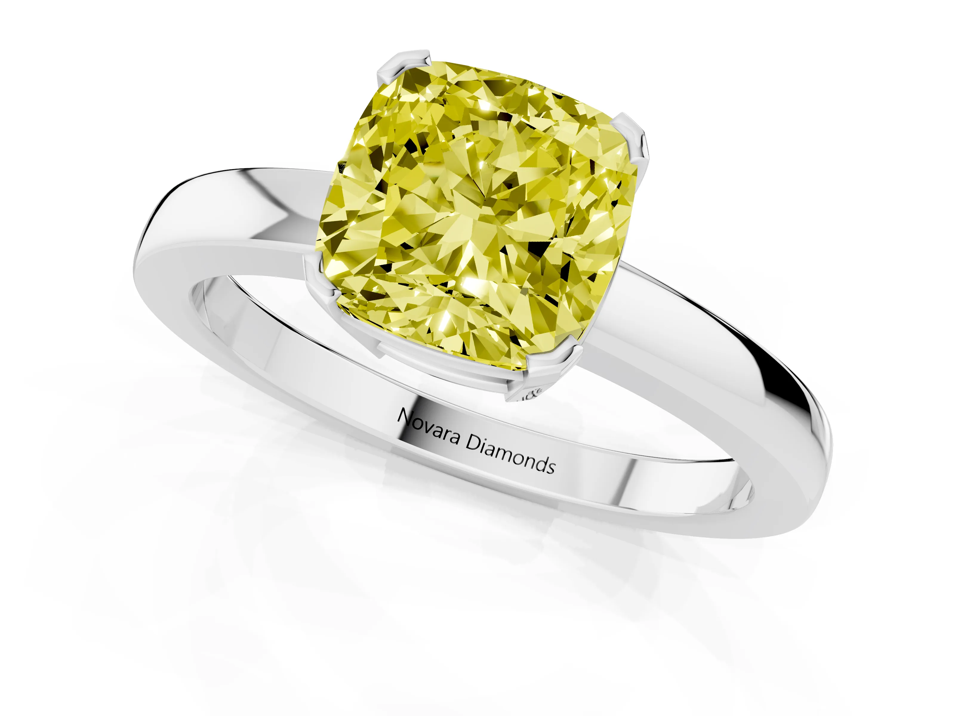 Fancy Yellow Cushion Cut Diamond Solitaire Ring Set in Silver with Prong Head and Smooth Polished Band