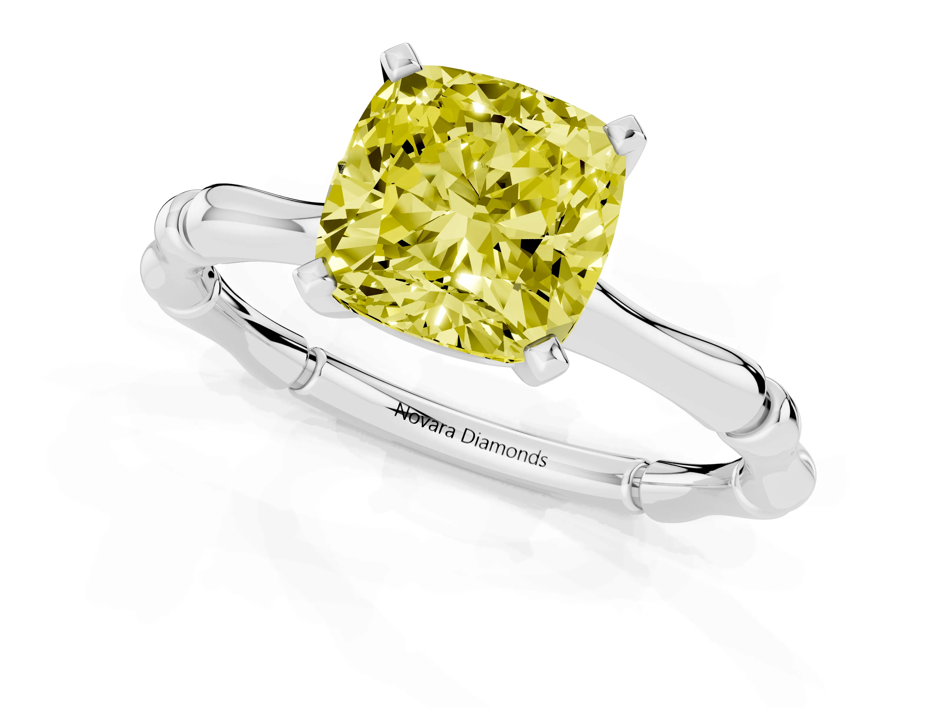Fancy Yellow Cushion Cut Diamond Solitaire Ring Set in Silver with Bamboo Band and Prong Setting