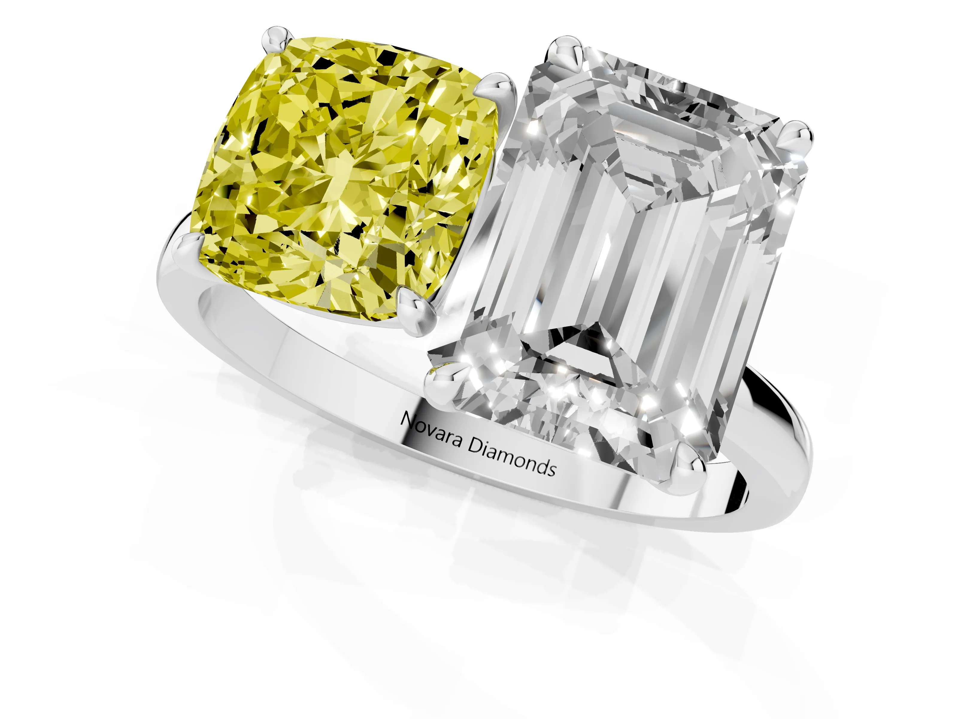 Fancy Yellow Cushion Cut and Emerald Cut Toi Moi Ring Set in Platinum with Prong Setting
