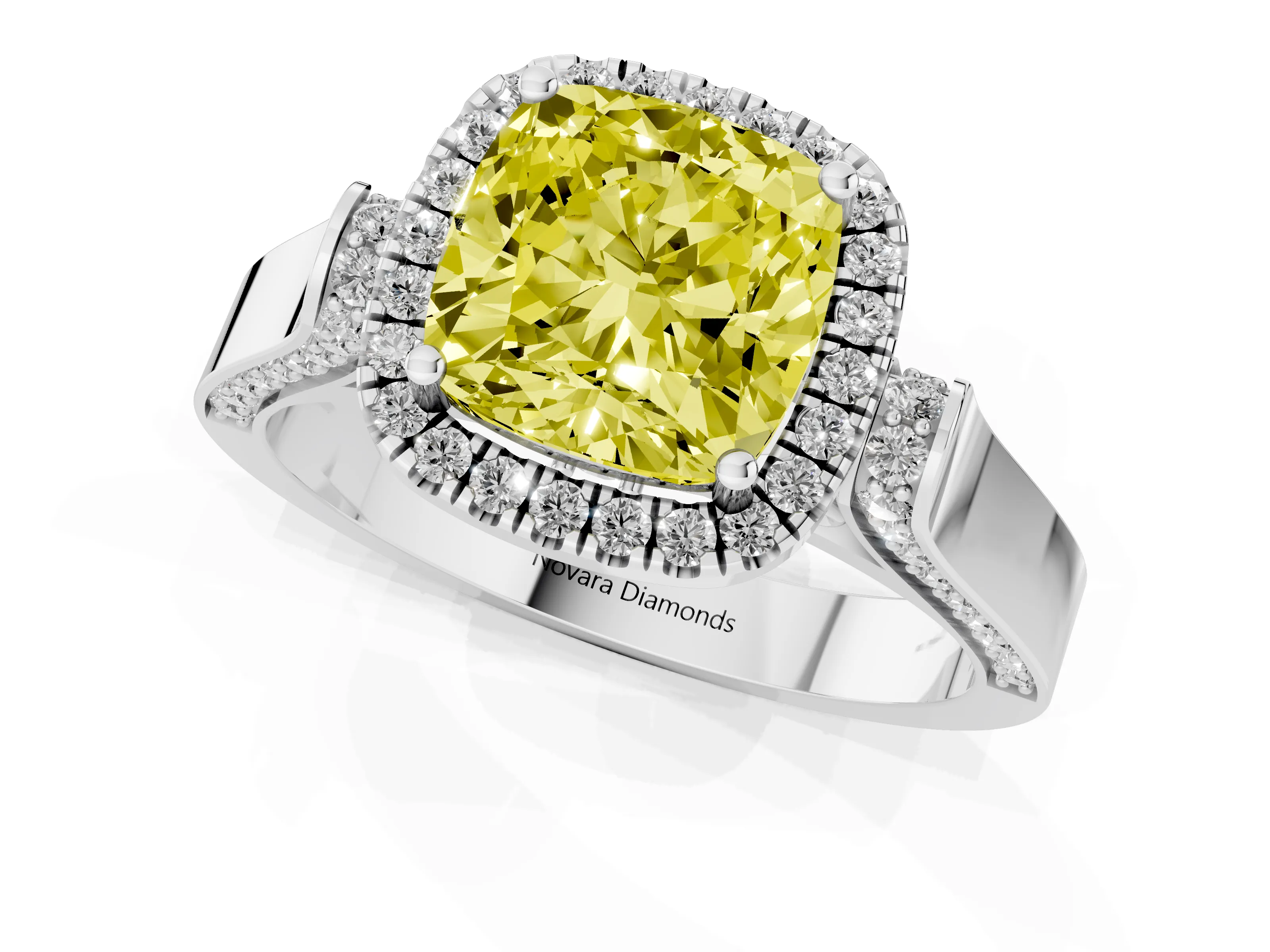 Fancy Yellow Cushion Cut Diamond Halo Ring Set in Platinum with Pavé-Lined Split Shank Band