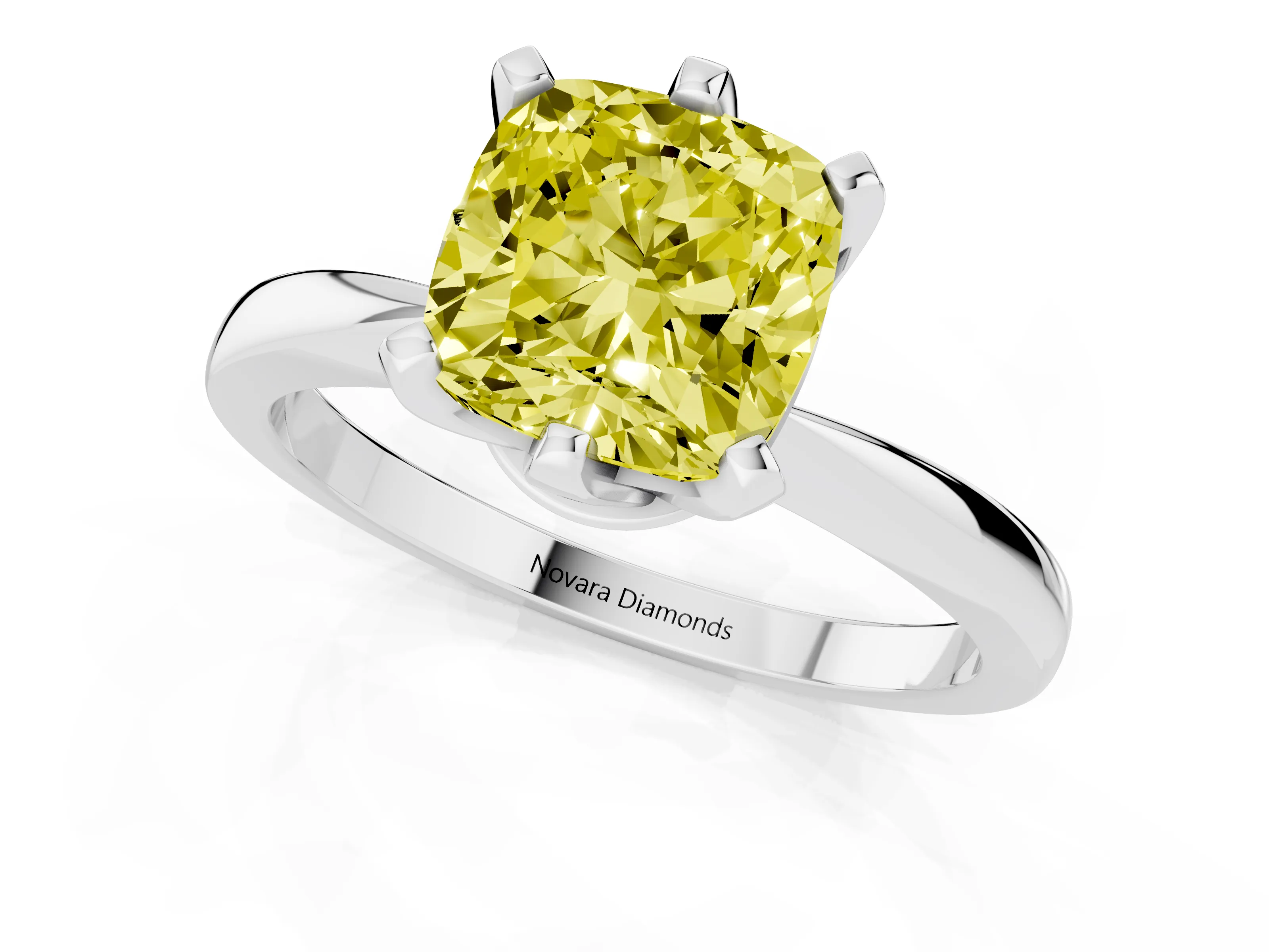 Fancy Yellow Cushion Cut Diamond Solitaire Engagement Ring Set in Platinum with Slim Tapered Solitaire Band