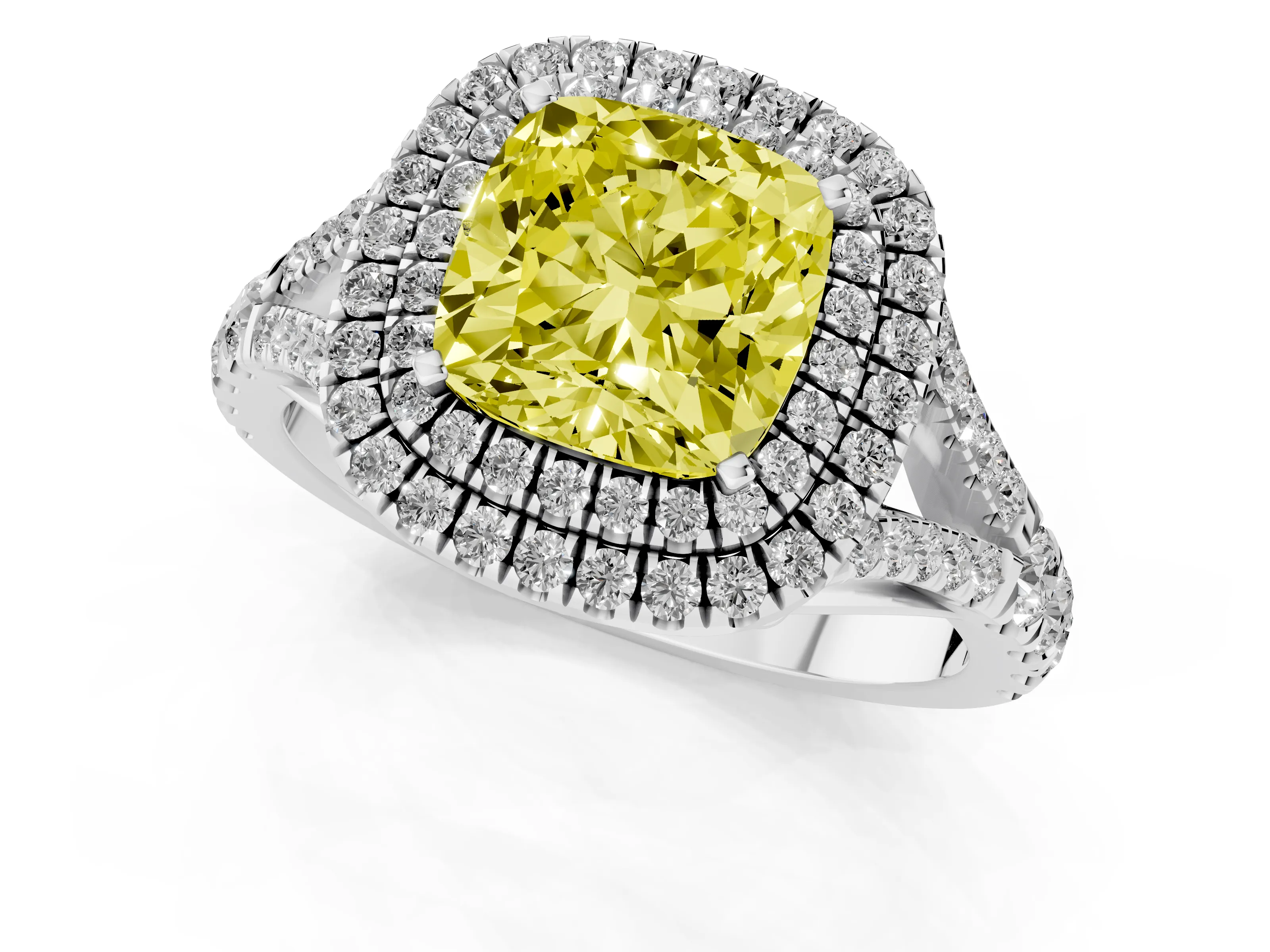 Fancy Yellow Cushion Cut Diamond Pavé Split Shank Double Halo Engagement Ring Set in Platinum