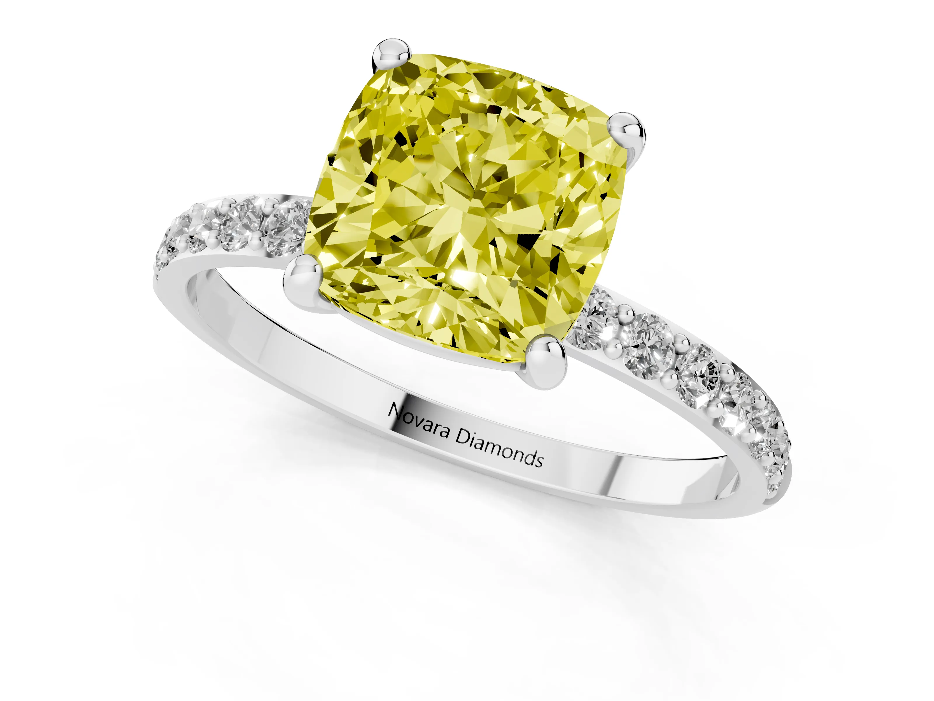 Fancy Yellow Cushion Cut Diamond Solitaire Ring Set in Silver with Round Pavé Band and Prong Setting