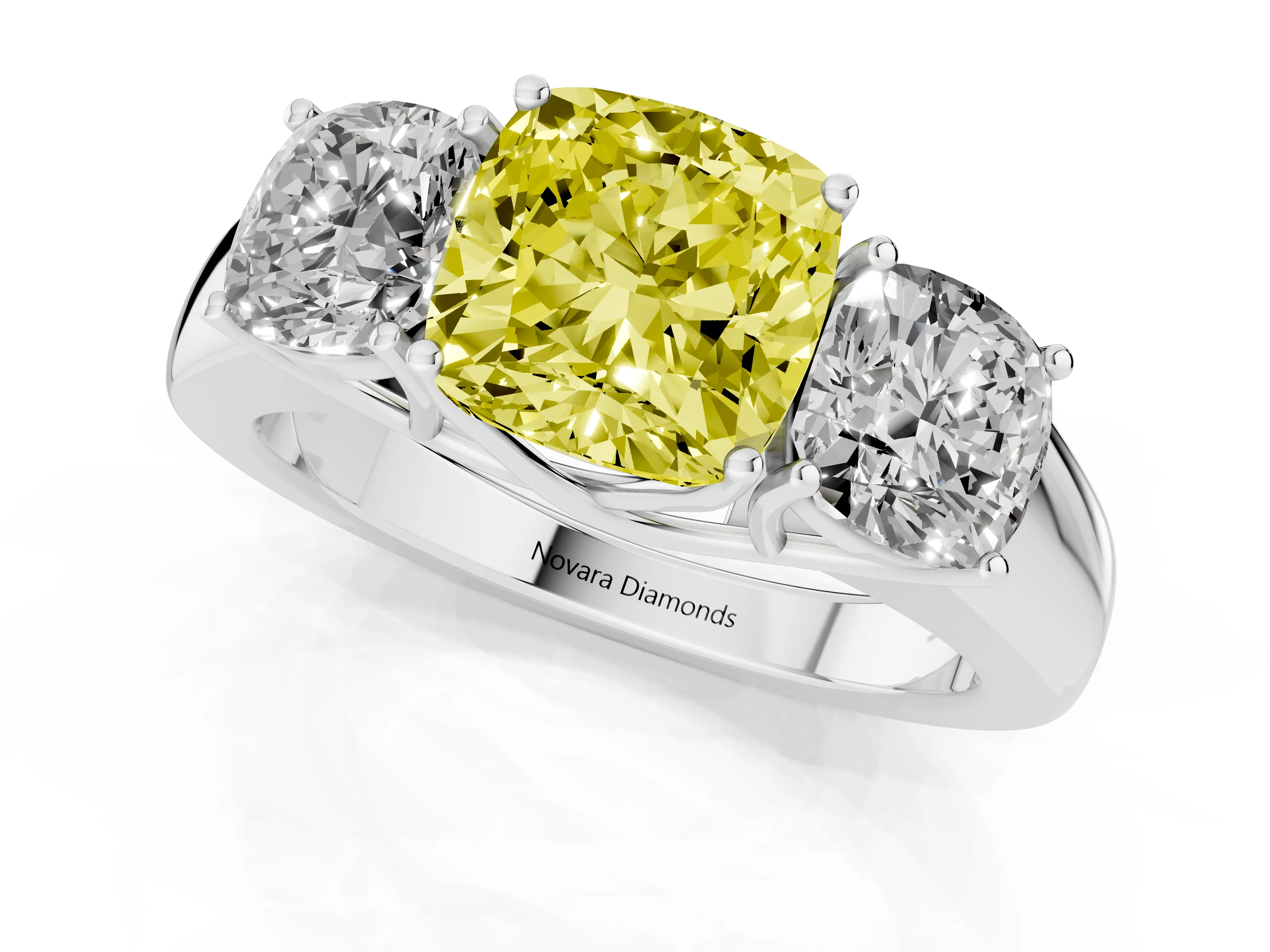 Fancy Yellow Three-Stone Cushion Cut Diamond Ring Set in Silver with Matching Prong Settings and Plain Band