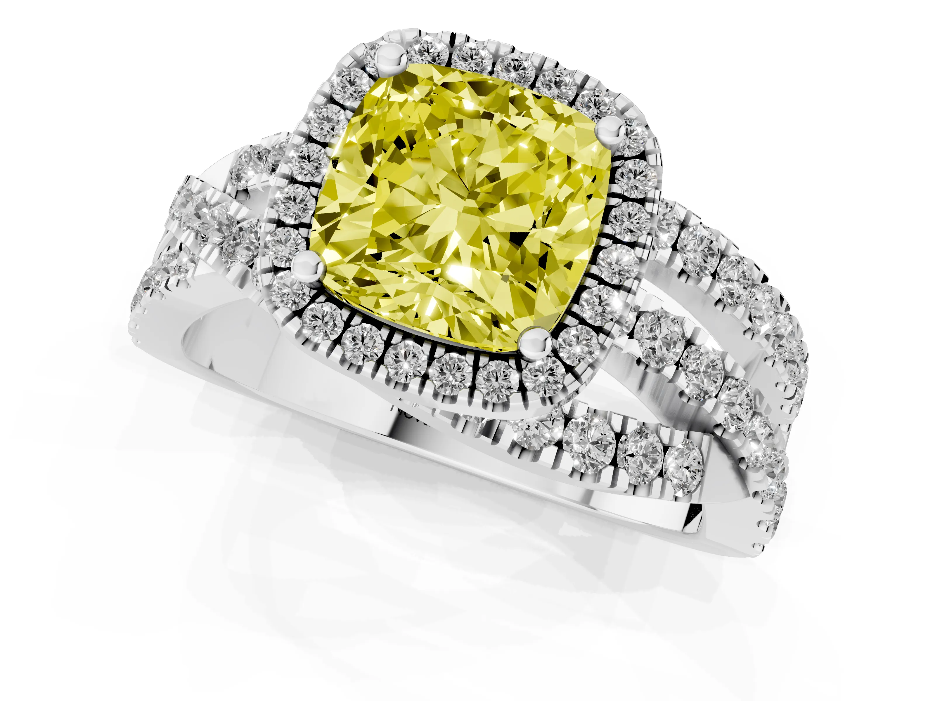 Fancy Yellow Cushion Cut Diamond Halo Ring Set in Platinum with Round Crossover Split Shank and Prong Setting