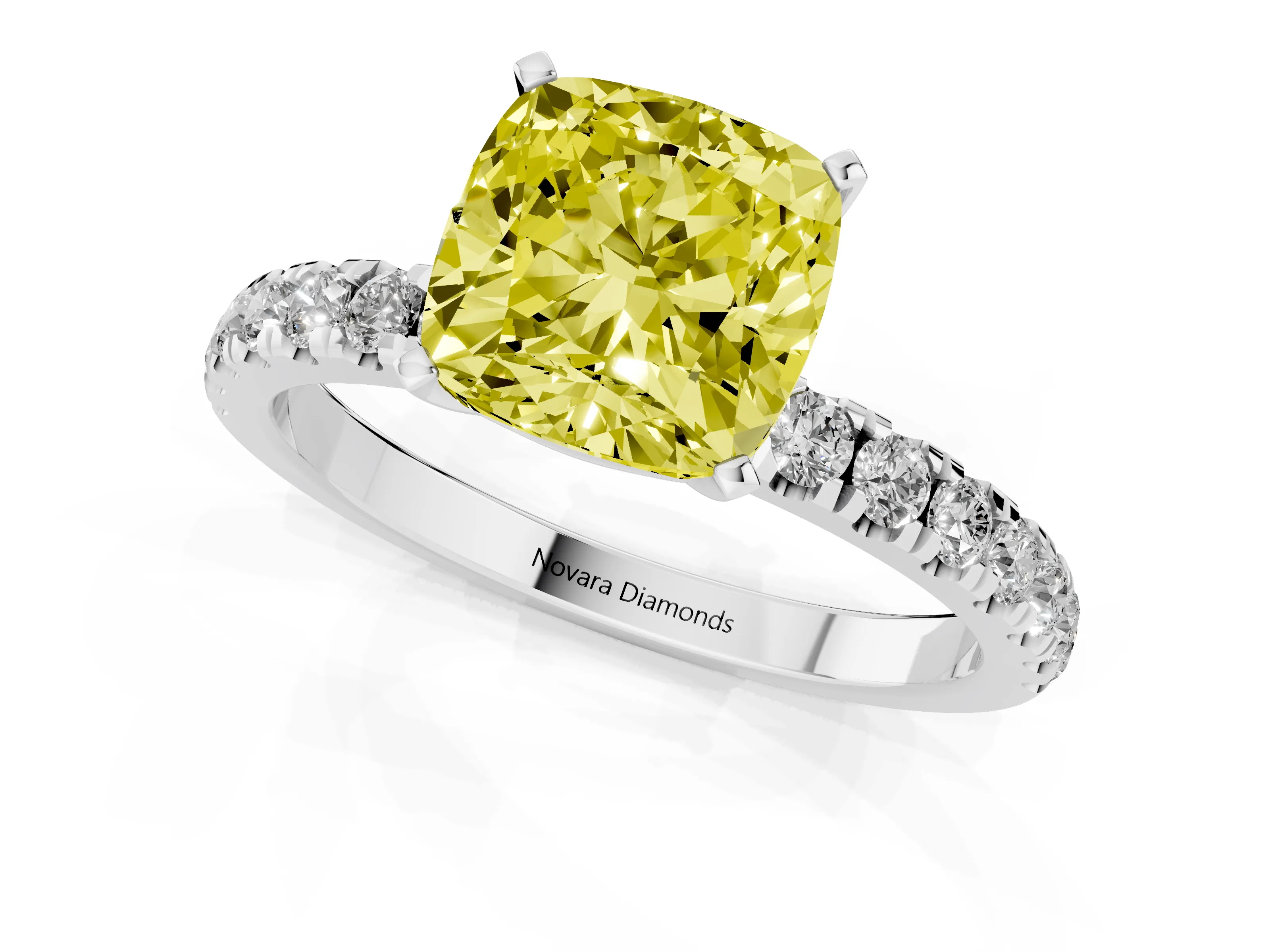 Fancy Yellow Cushion Cut Diamond Solitaire Ring Set in Silver with Pavé Accents and Prong Setting