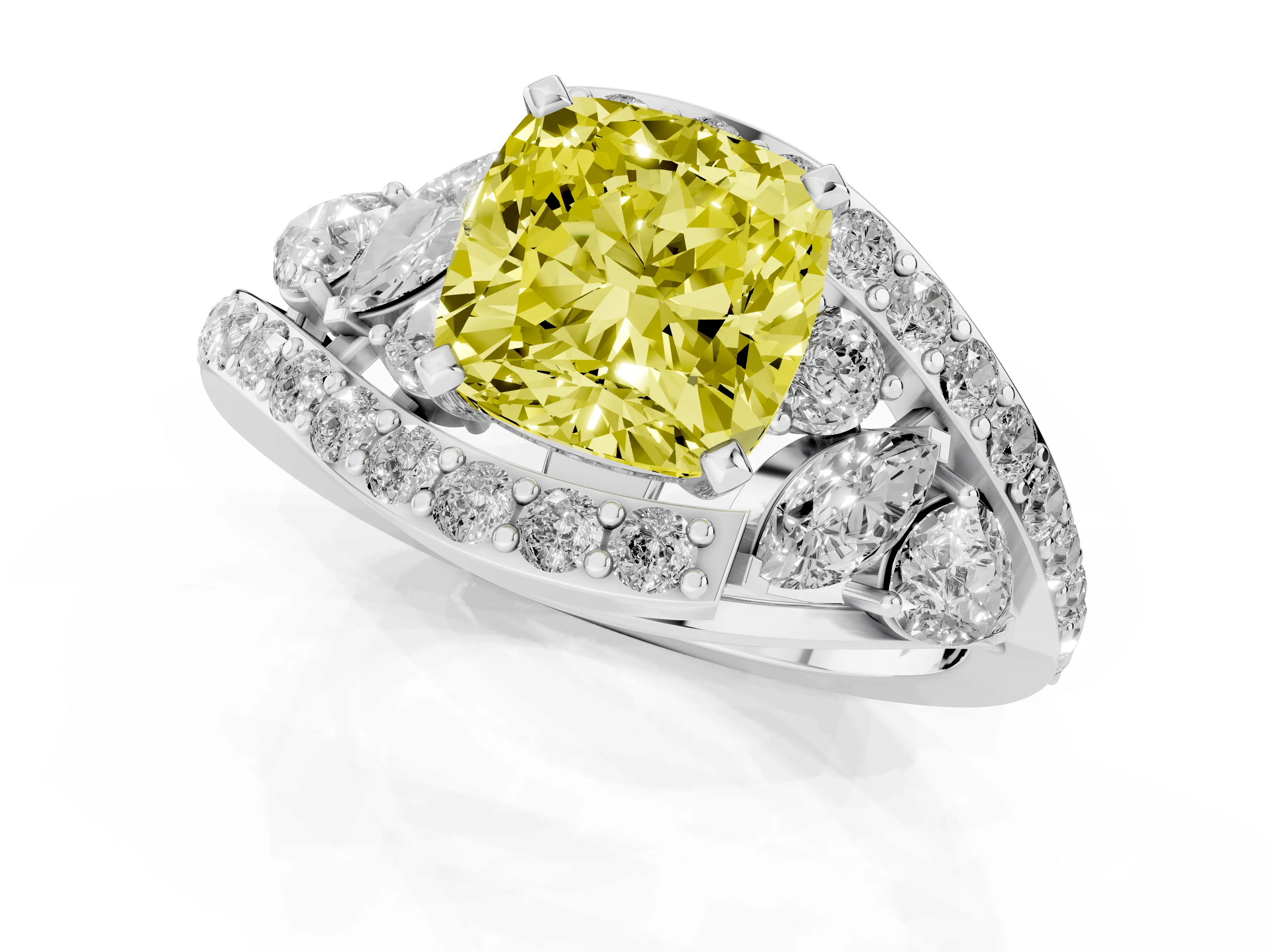 Fancy Yellow Cushion Cut Diamond Halo Ring Set in Silver with Marquise and Pavé Band in Prong Setting
