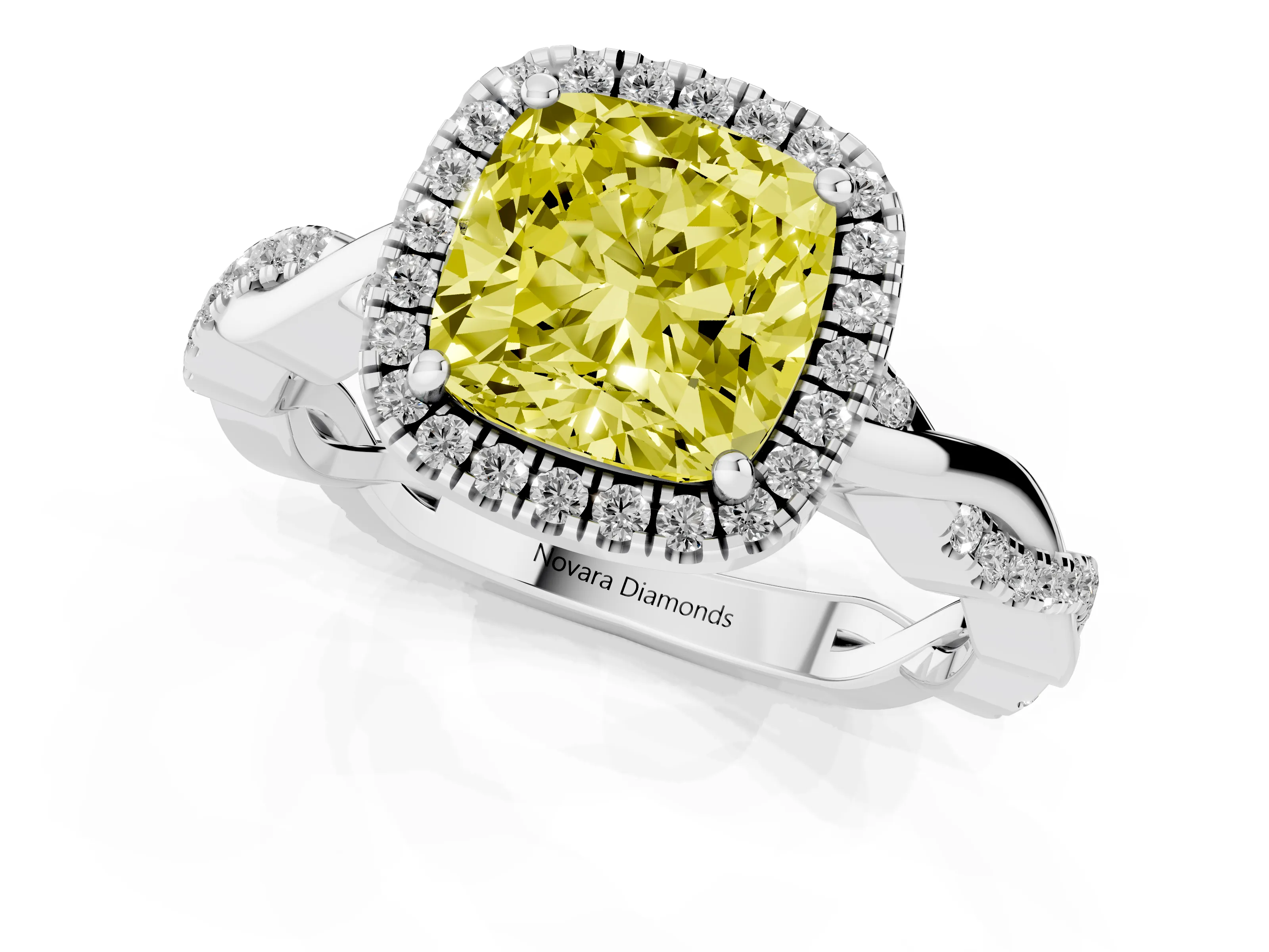 Fancy Yellow Cushion Cut Diamond Halo Twisted Band Ring Set in Silver with Prong Setting