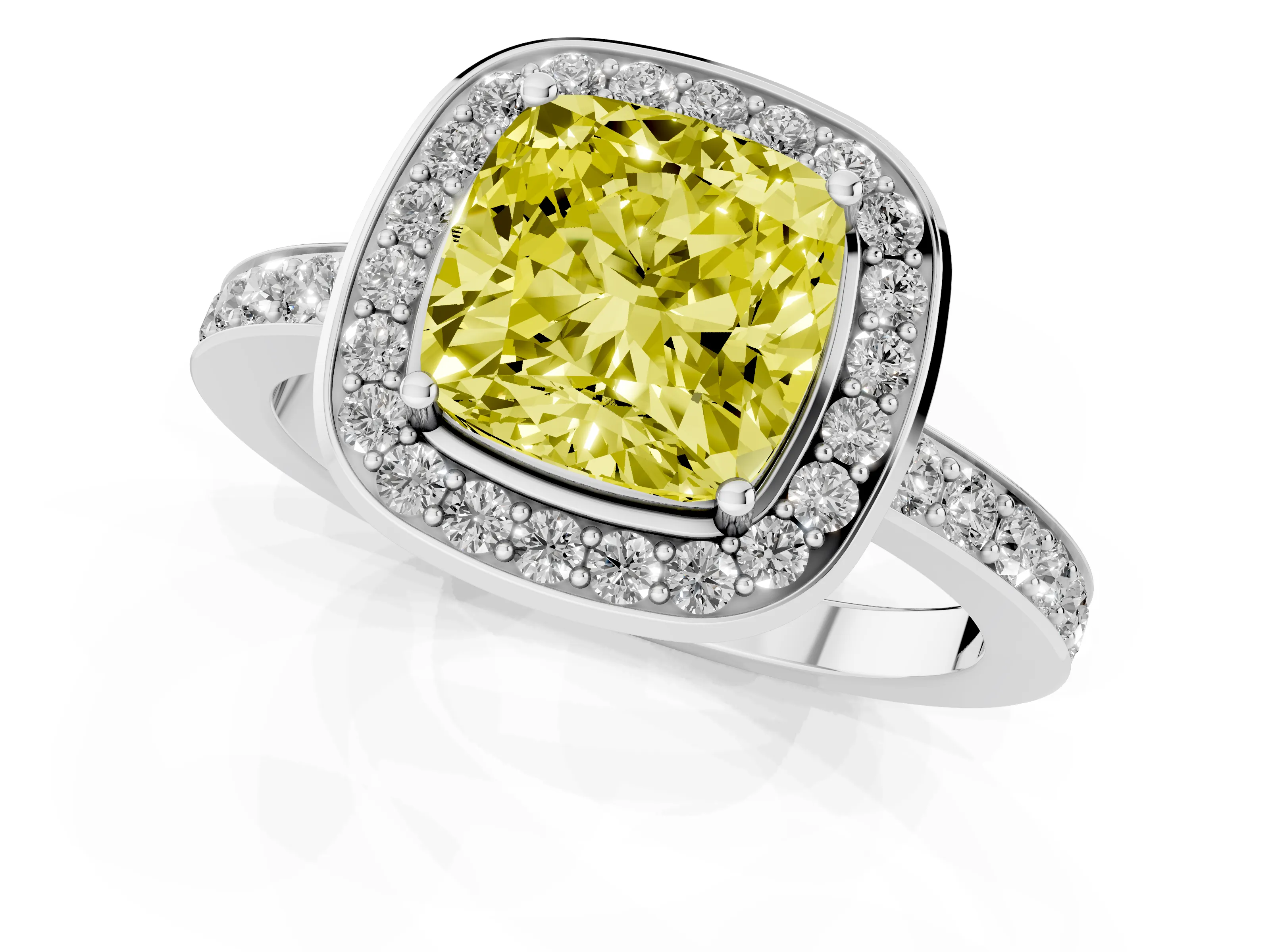 Fancy Yellow Cushion Cut Diamond Halo Ring Set in White gold with Bezel Frame and Pavé Band