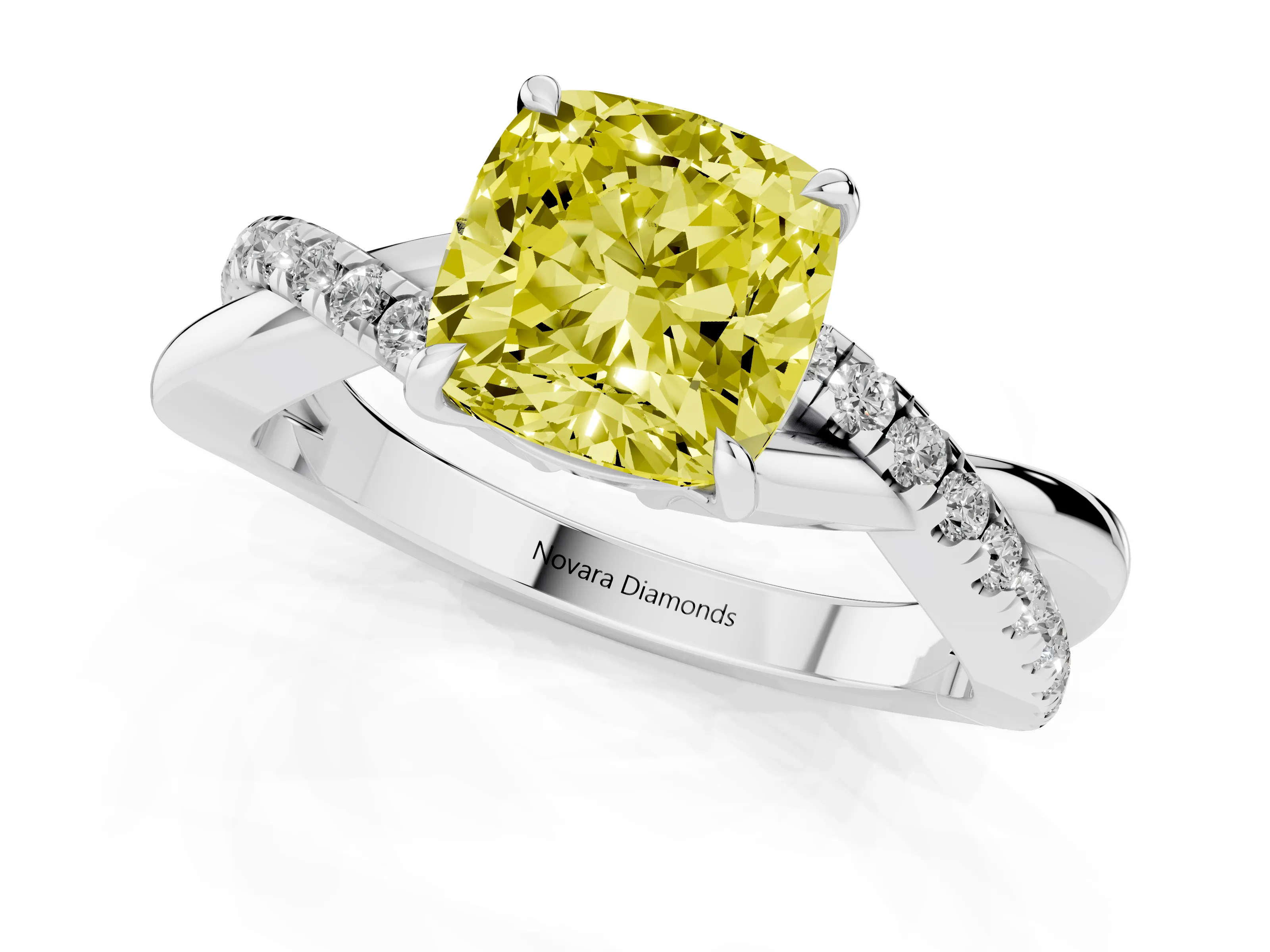 Fancy Yellow Cushion Cut Diamond Twisted Pavé Band Ring Set in Platinum with Prong Setting