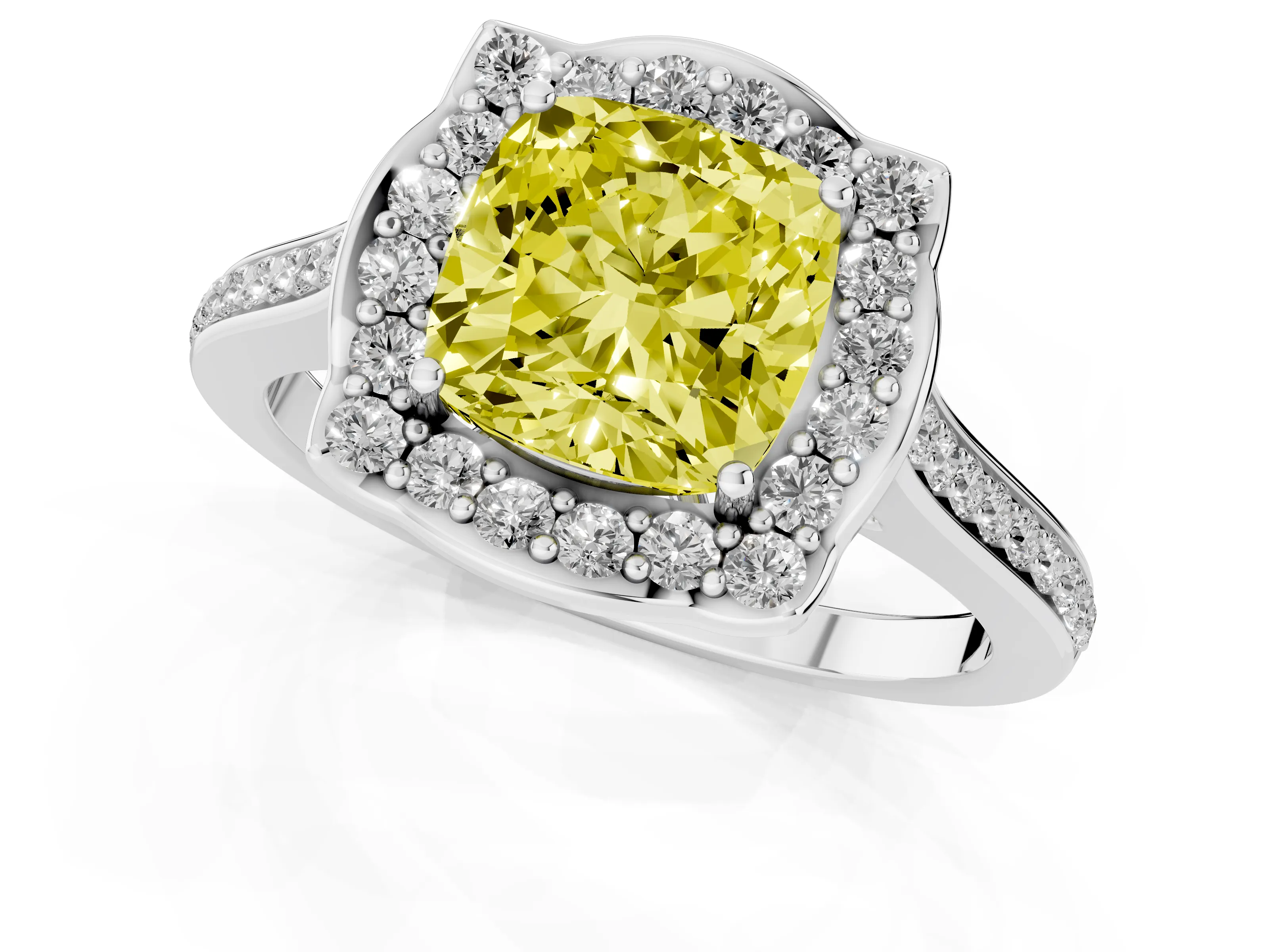 Fancy Yellow Cushion Cut Diamond Halo Ring Set in Platinum with Pavé-Lined Shoulders and Prong Setting