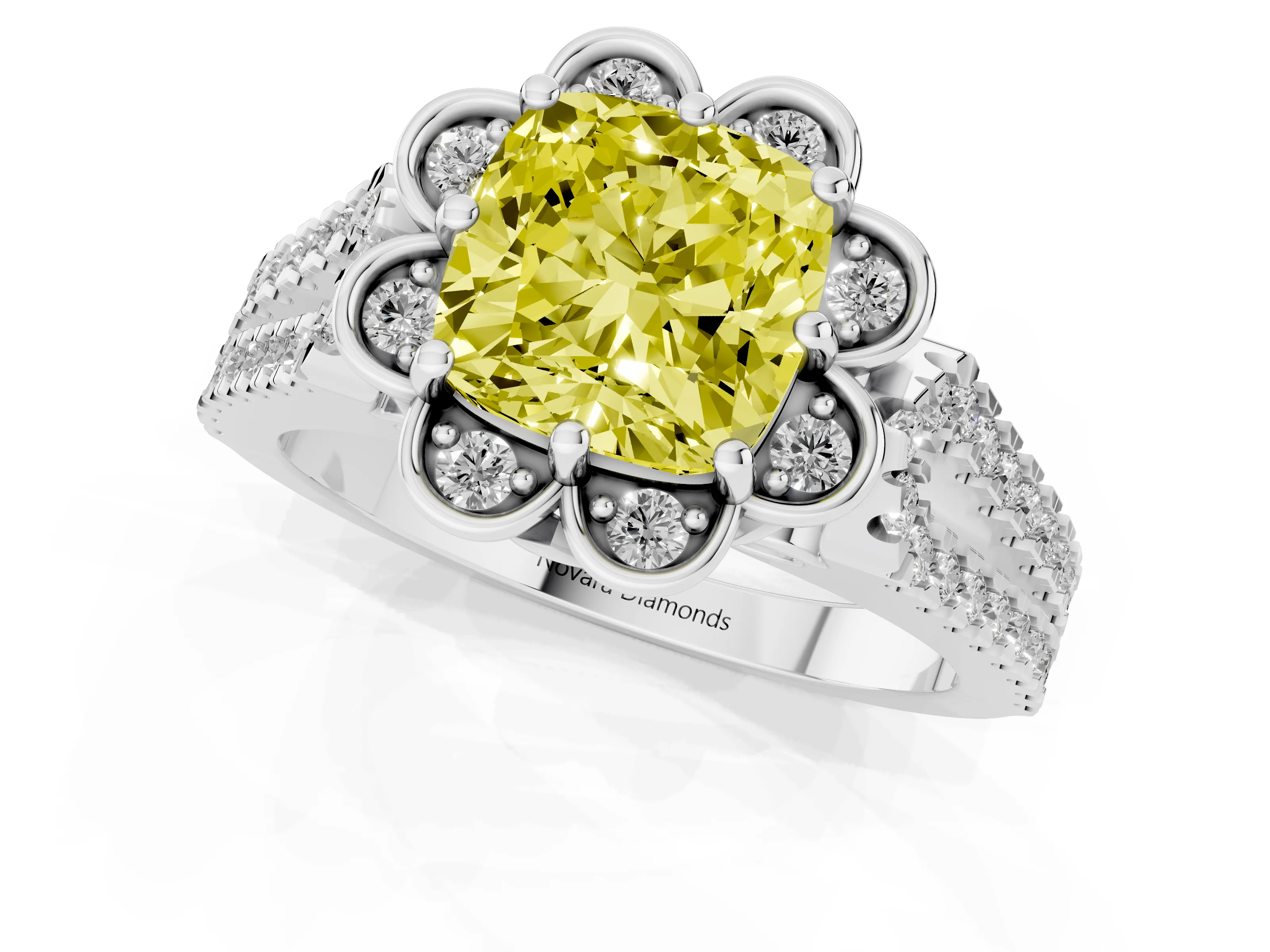 Fancy Yellow Cushion Cut Diamond Floral Halo Split Shank Engagement Ring Set in Silver with Pavé Shank