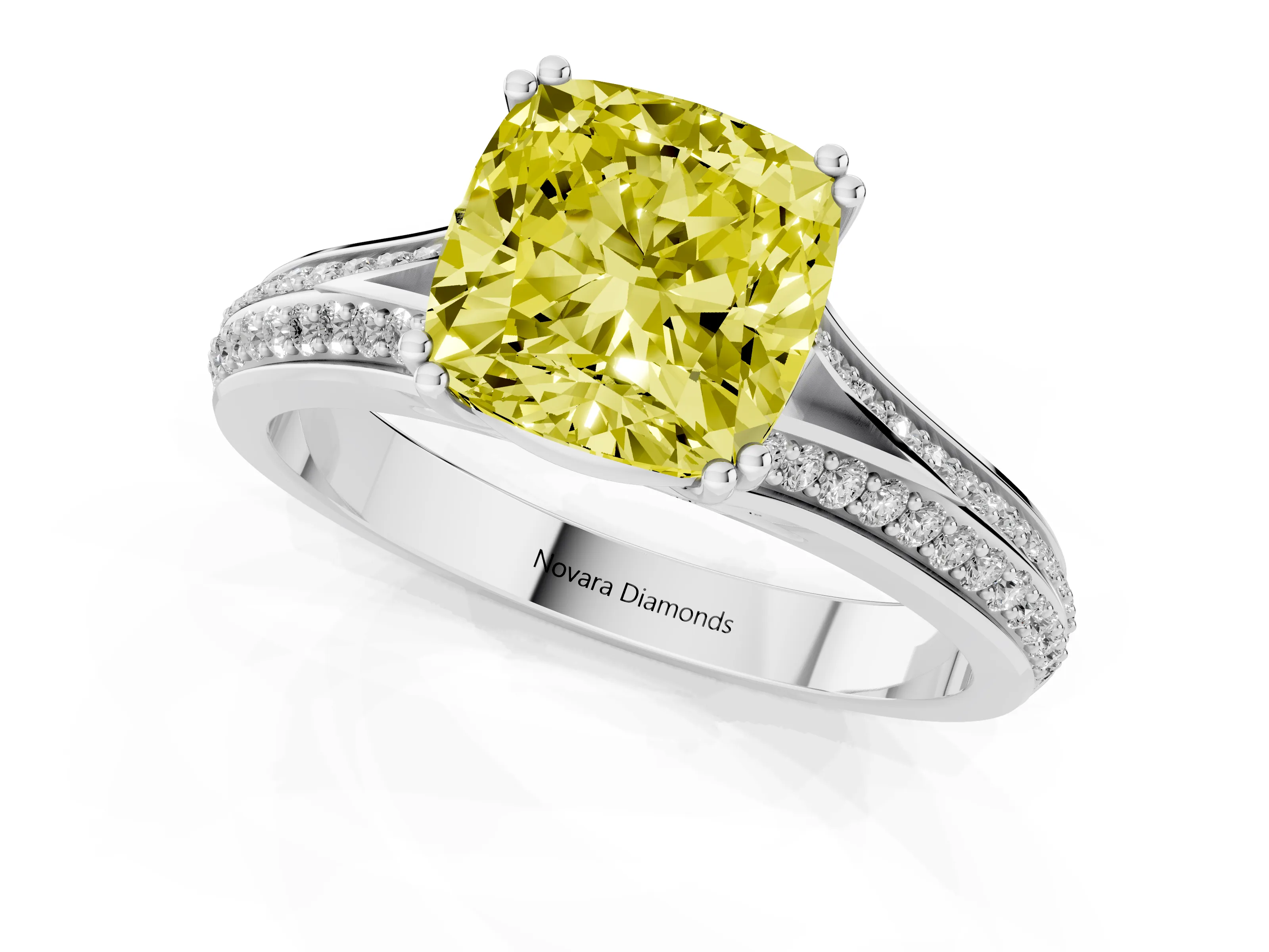 Fancy Yellow Cushion Cut Diamond Split Shank Pavé Engagement Ring Set in Platinum with Prong-Set Center Stone
