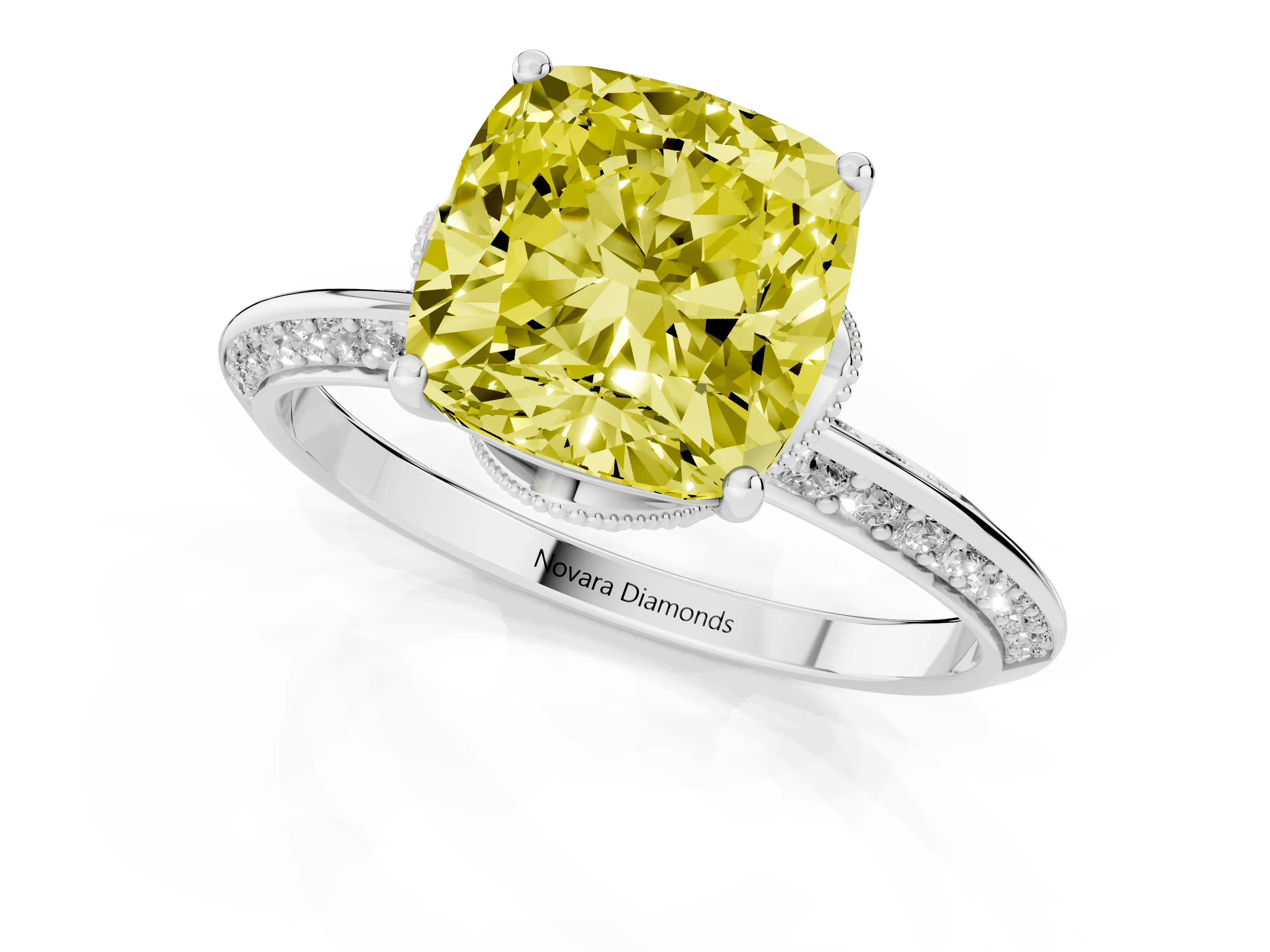 Fancy Yellow Cushion Cut Diamond Solitaire Engagement Ring Set in Platinum with Pavé Split Shank and Prong Setting