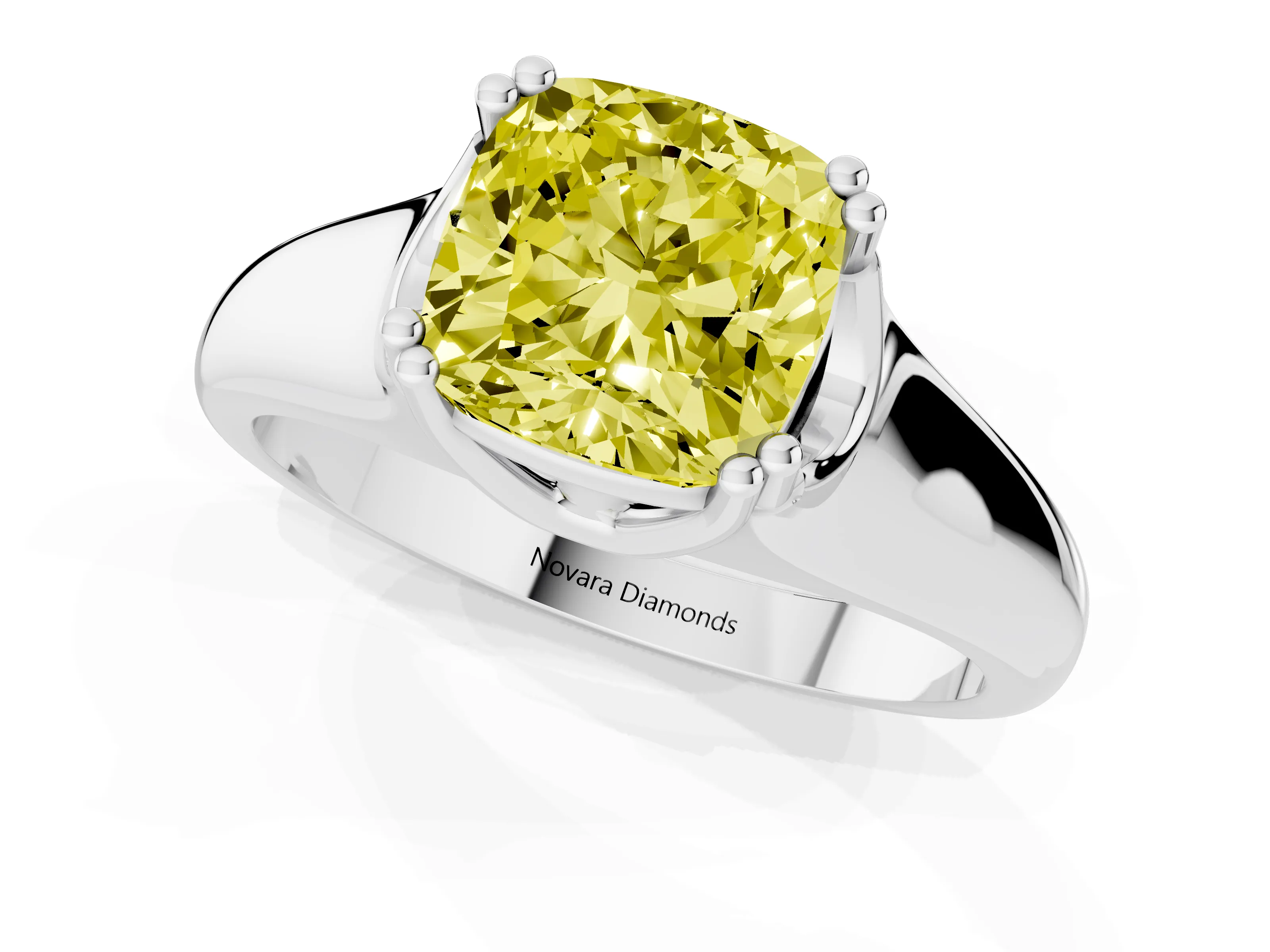 Fancy Yellow Cushion Cut Diamond Solitaire Ring Set in Silver with Wide Band and Prong Setting