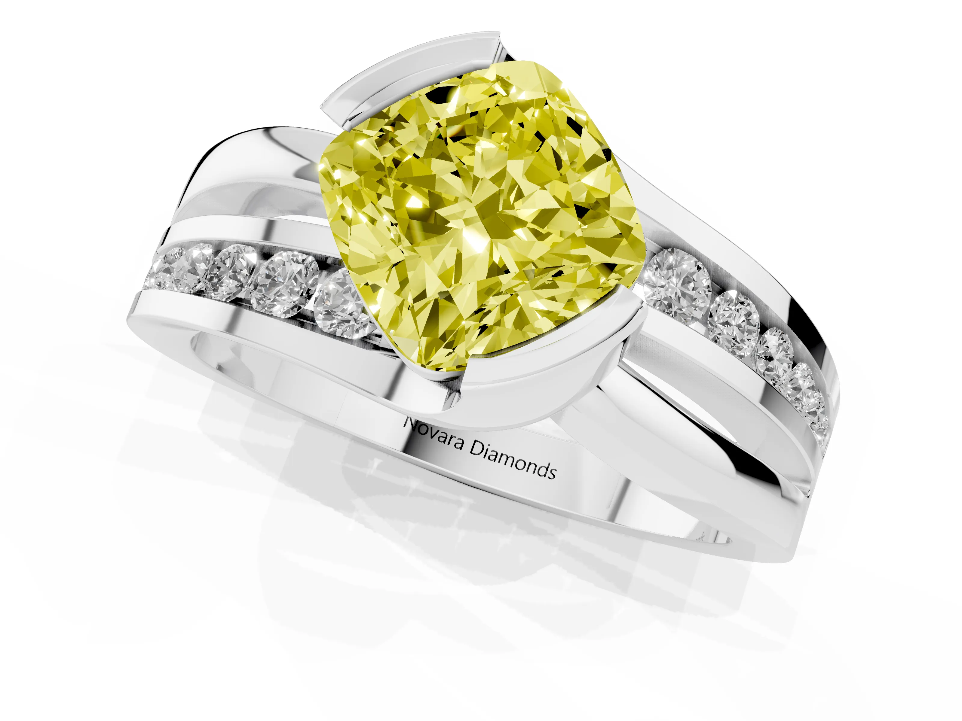 Fancy Yellow Cushion Cut Diamond Solitaire Ring Set in White gold with Channel Set Split Shank and Tension Prongs