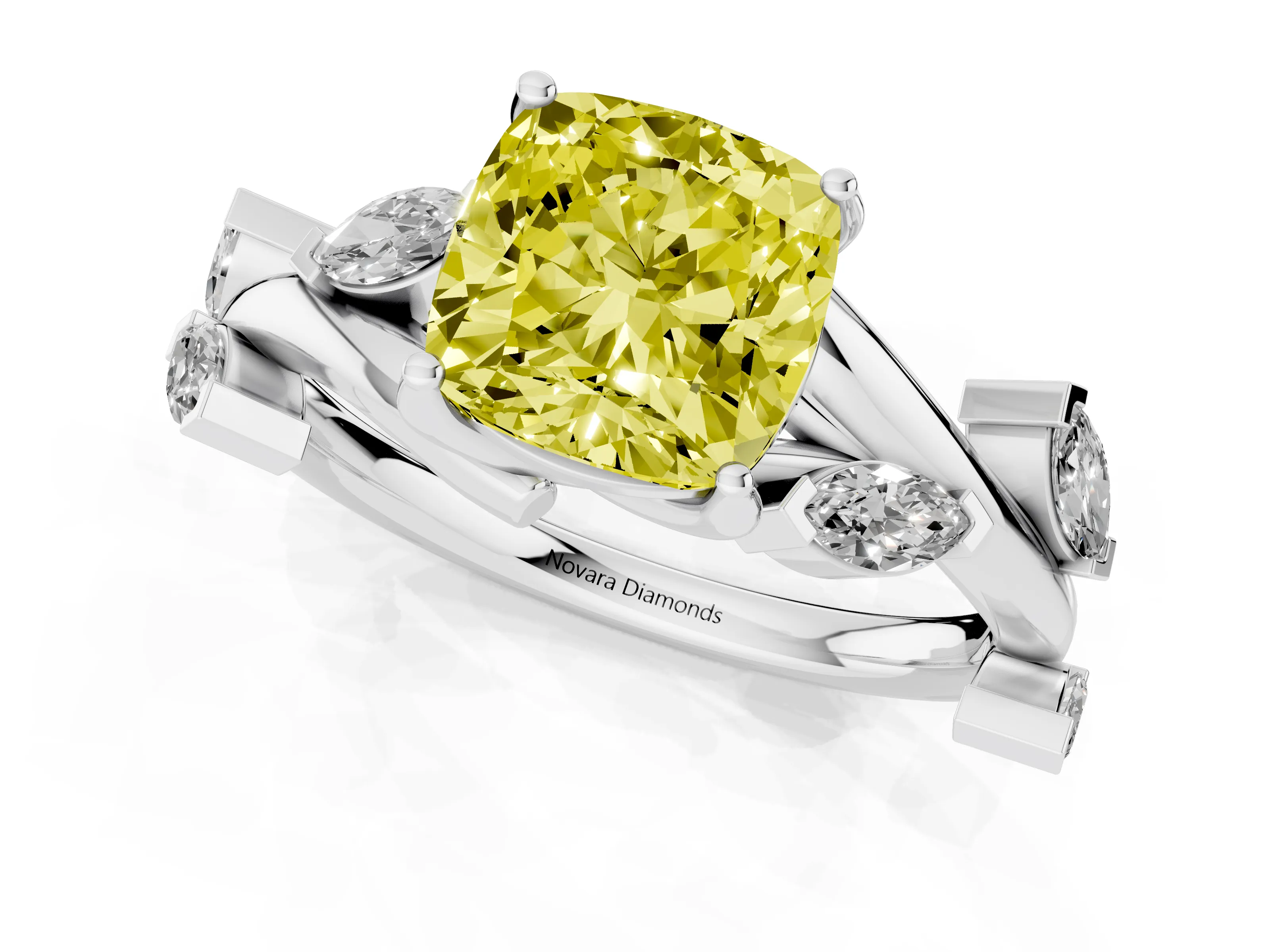 Fancy Yellow Cushion Cut Diamond Solitaire Ring Set in Platinum with Twisted Marquise Accent Band