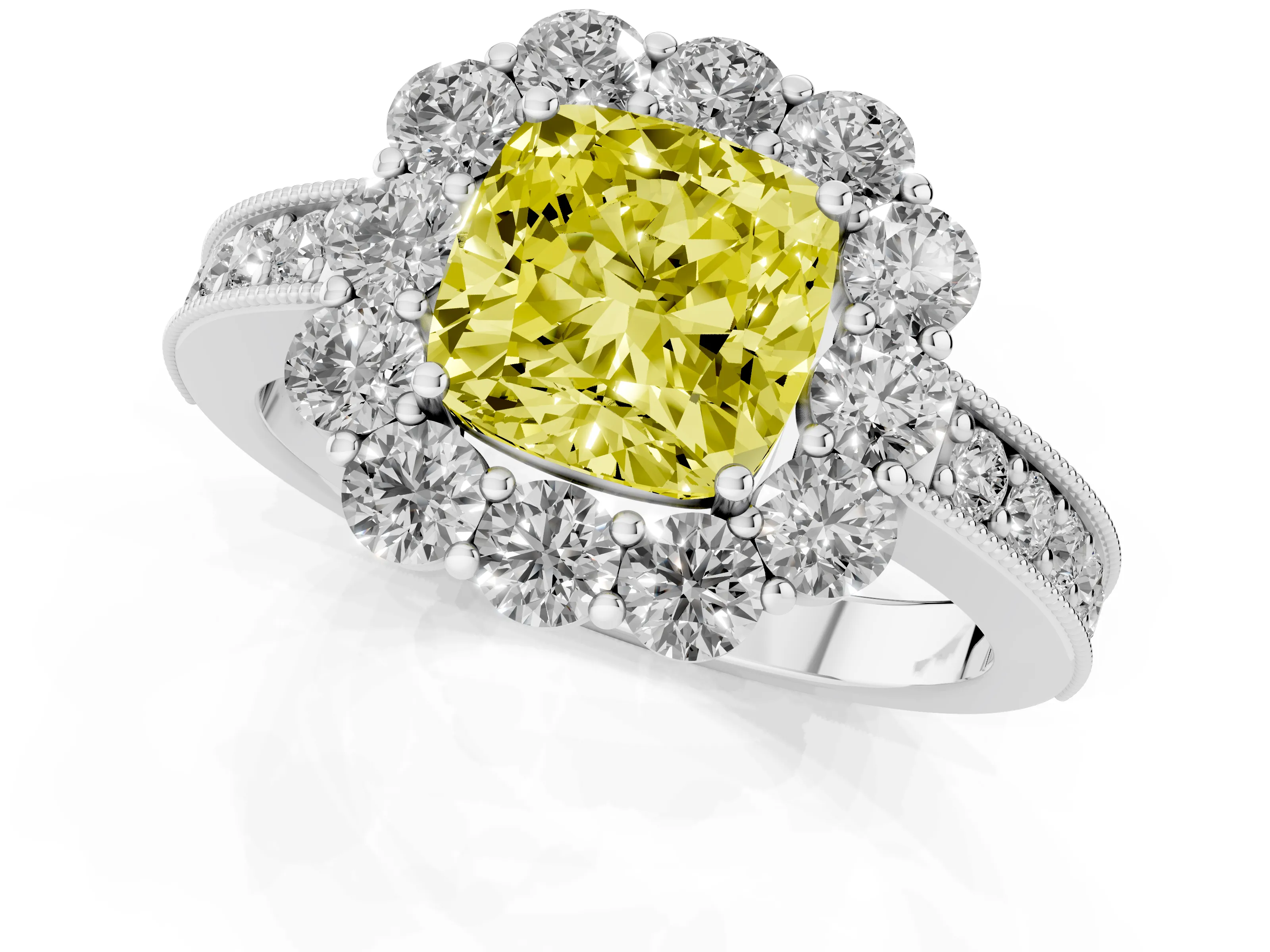 Fancy Yellow Cushion Cut Diamond Halo Pavé Engagement Ring Set in Silver with Milgrain Detailing