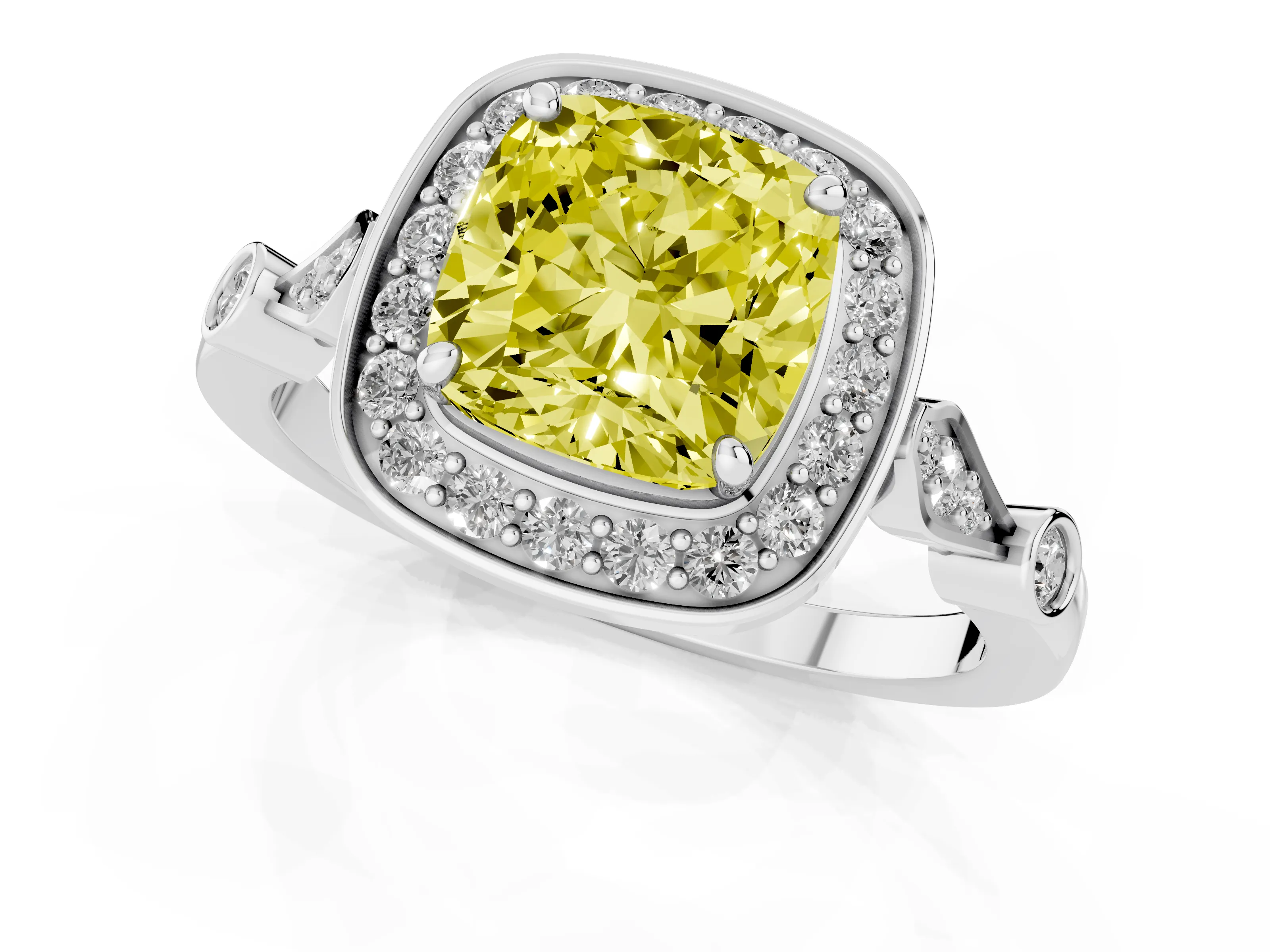Fancy Yellow Cushion Cut Diamond Halo Engagement Ring Set in White gold with Twisted Band and Prong Setting