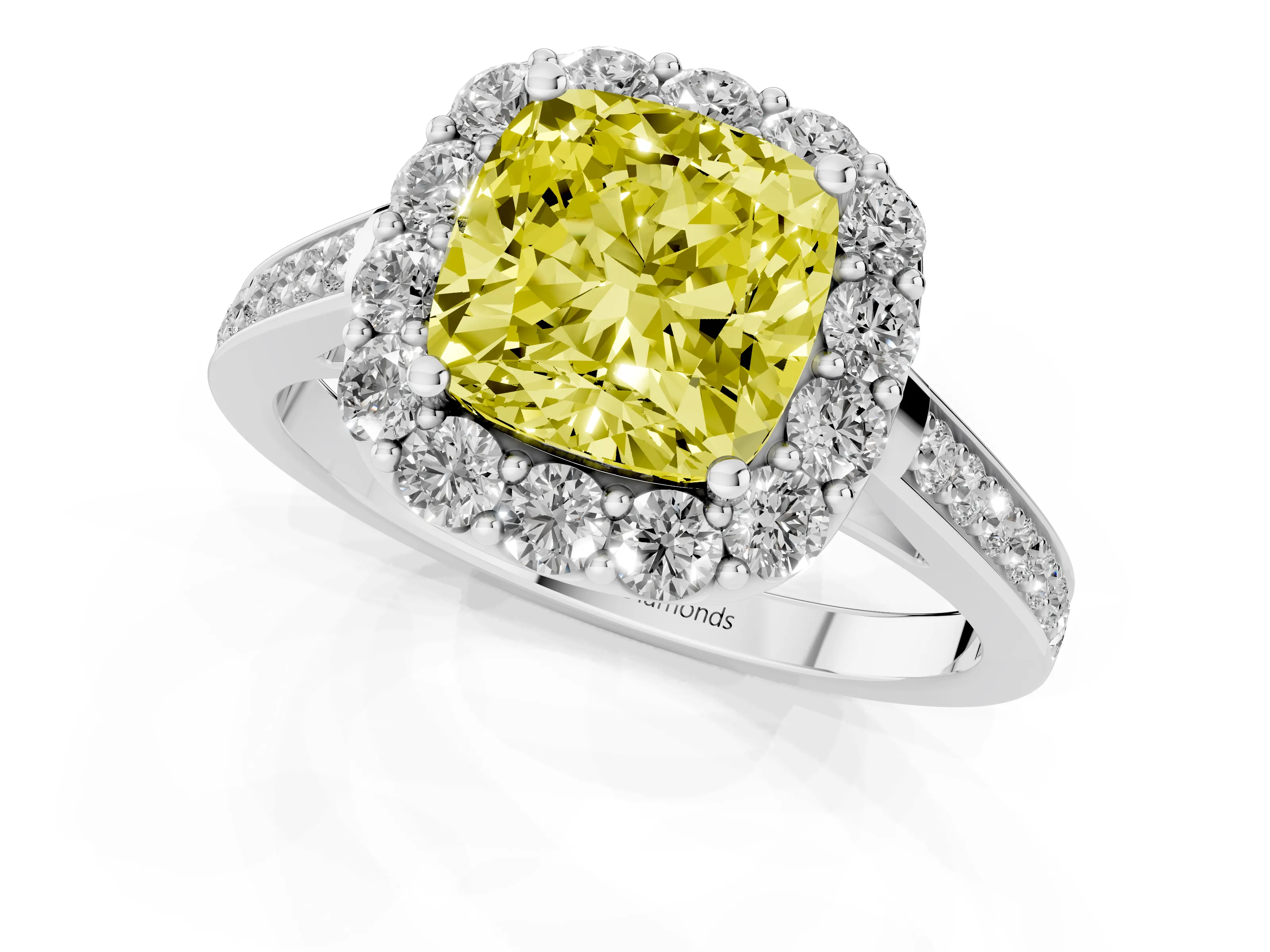 Fancy Yellow Cushion Cut Diamond Floral Halo Ring Set in White gold with Pavé Band and Prong Setting