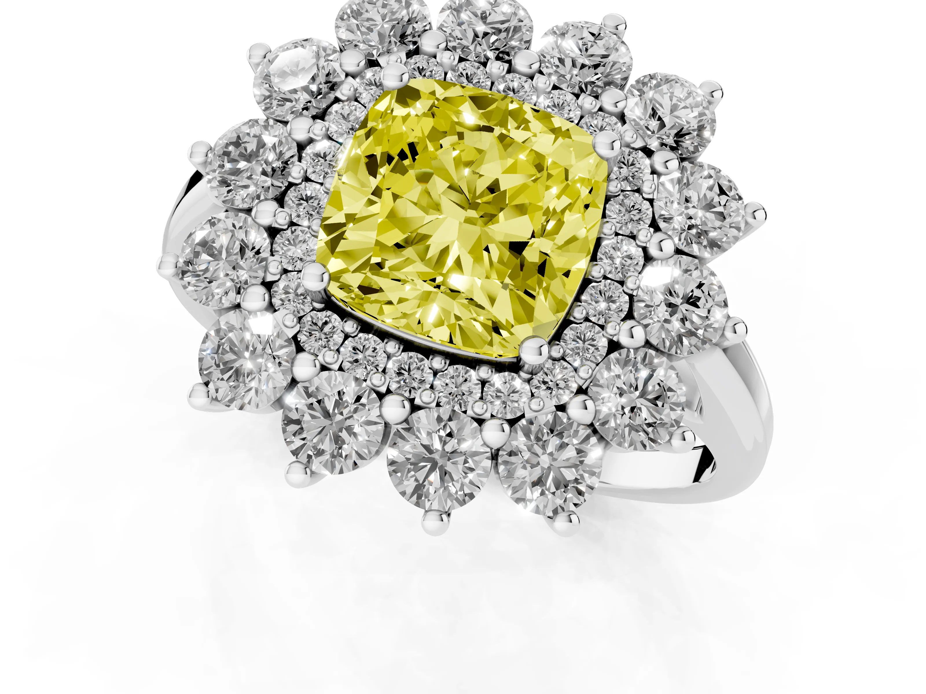 Fancy Yellow Cushion Cut Diamond Floral Double Halo Ring Set in Silver with Round Petals