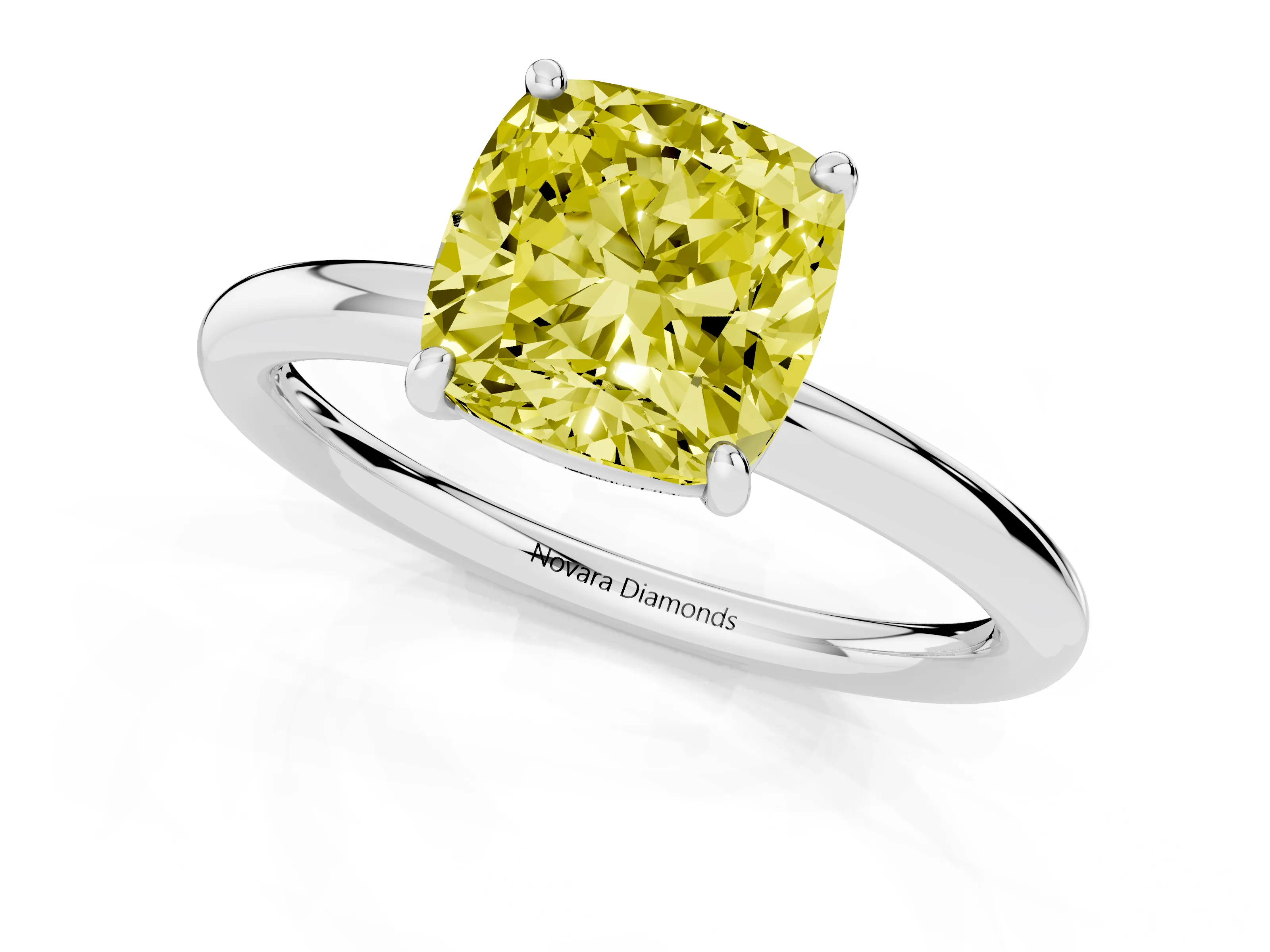 Fancy Yellow Cushion Cut Diamond Solitaire Ring Set in Platinum with Prong Setting on a Polished Plain Band