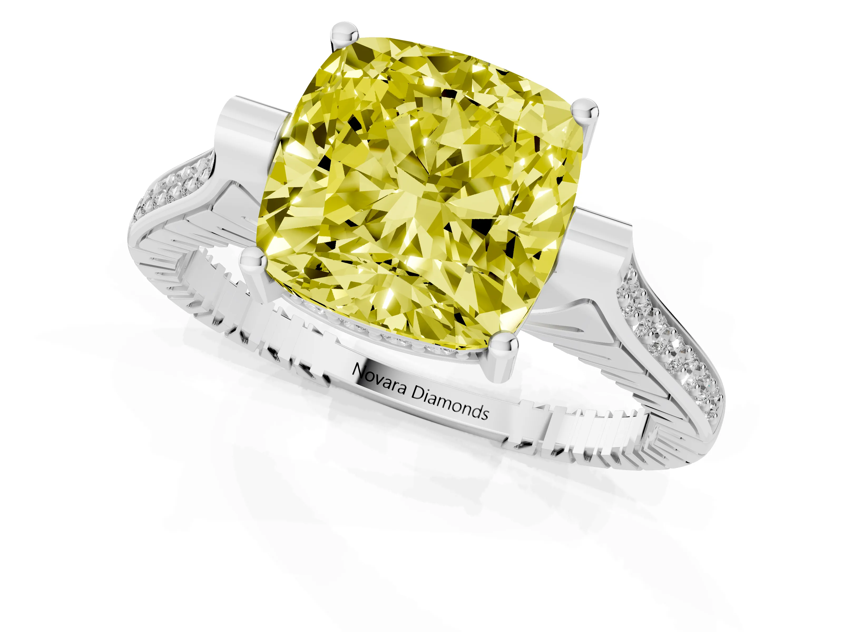 Fancy Yellow Cushion Cut Diamond Solitaire Ring Set in Platinum with Channel Set Band and Bezel Prong Setting