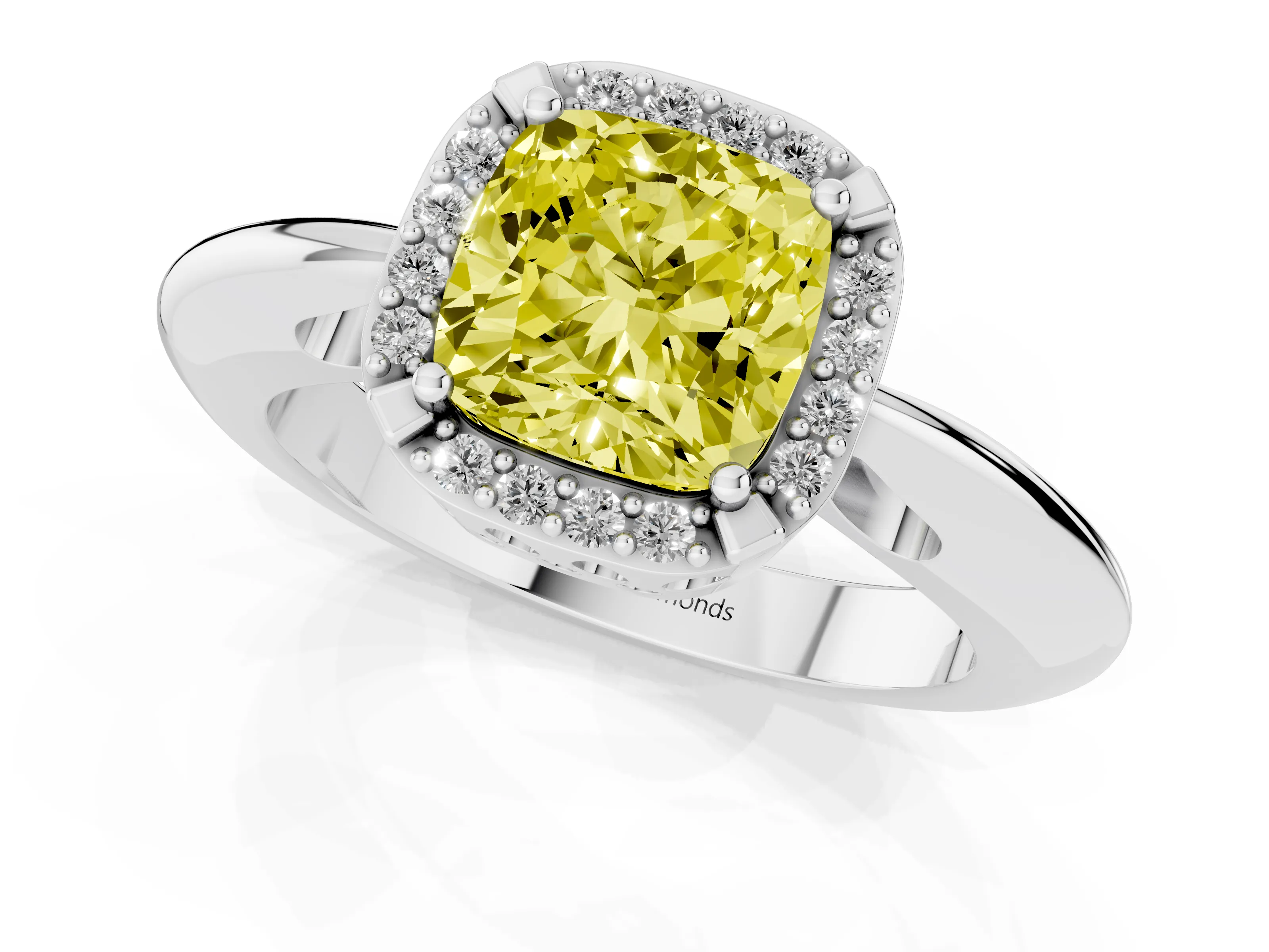 Fancy Yellow Cushion Cut Diamond Halo Engagement Ring Set in Silver with Plain Split Shank and Prong Setting