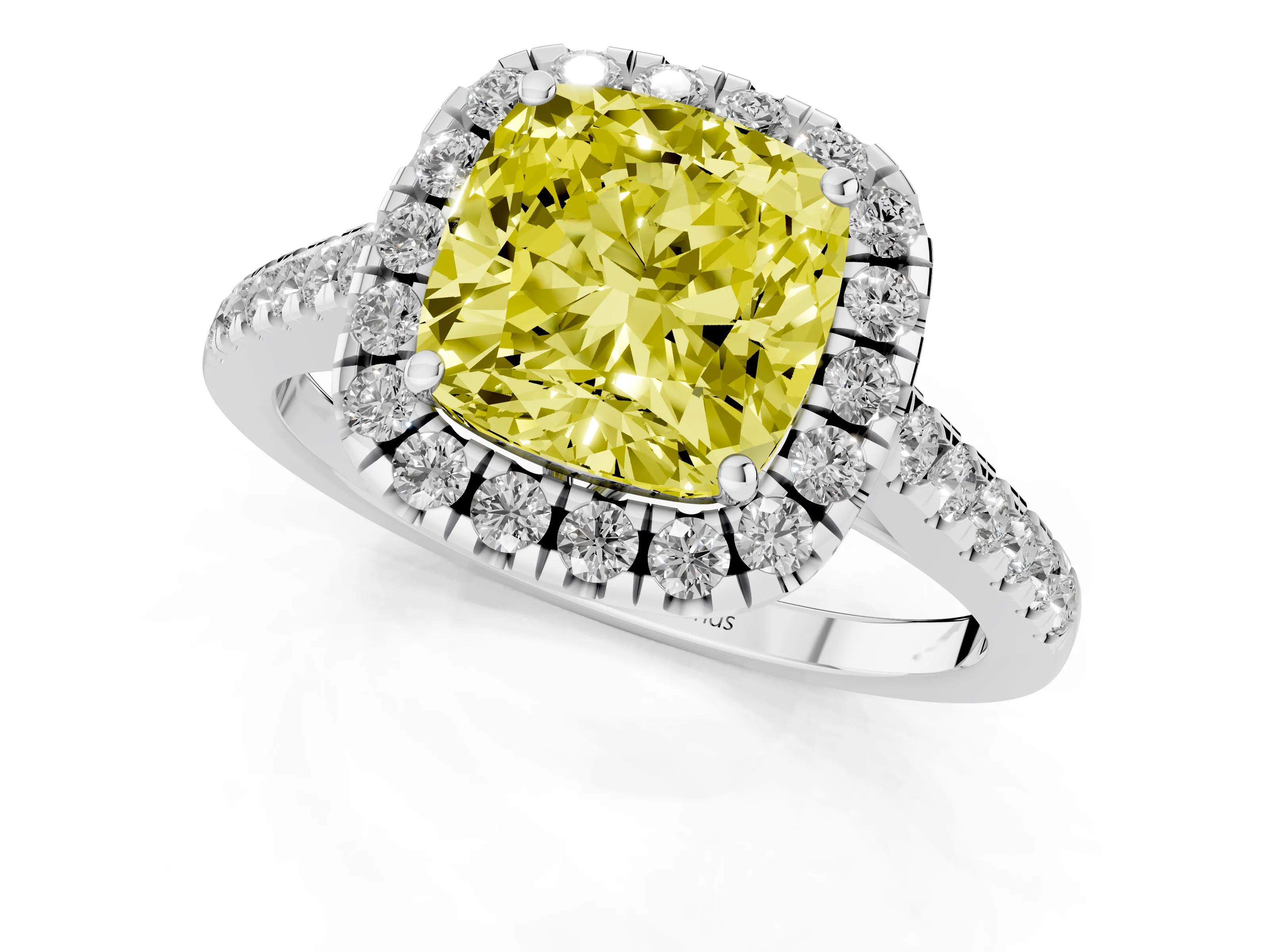 Fancy Yellow Cushion Cut Diamond Pavé Halo Engagement Ring Set in Platinum with Pavé Band and Prong Setting