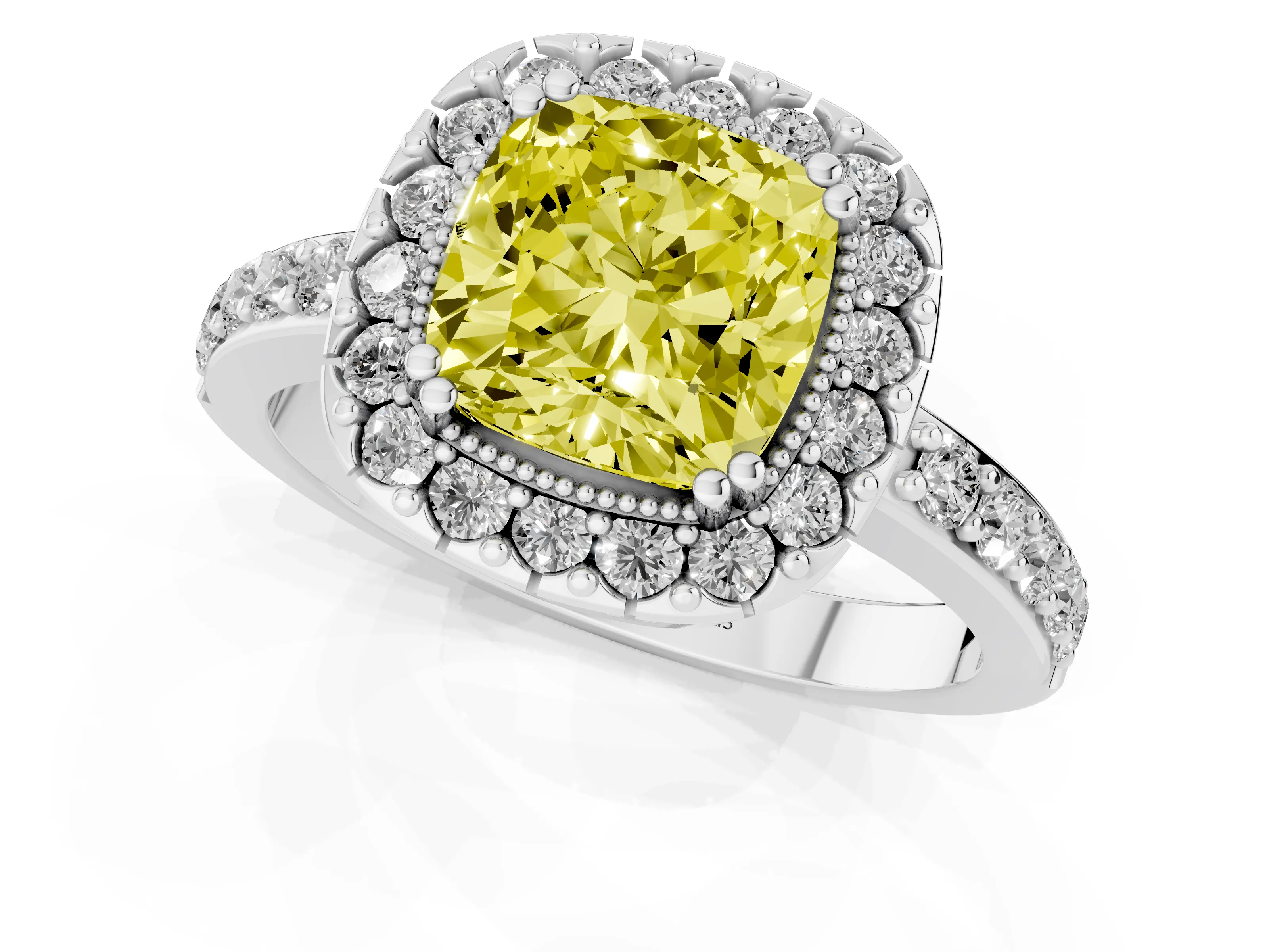 Fancy Yellow Cushion Cut Diamond Halo Ring Set in White gold with Pavé Shank and Prong Setting