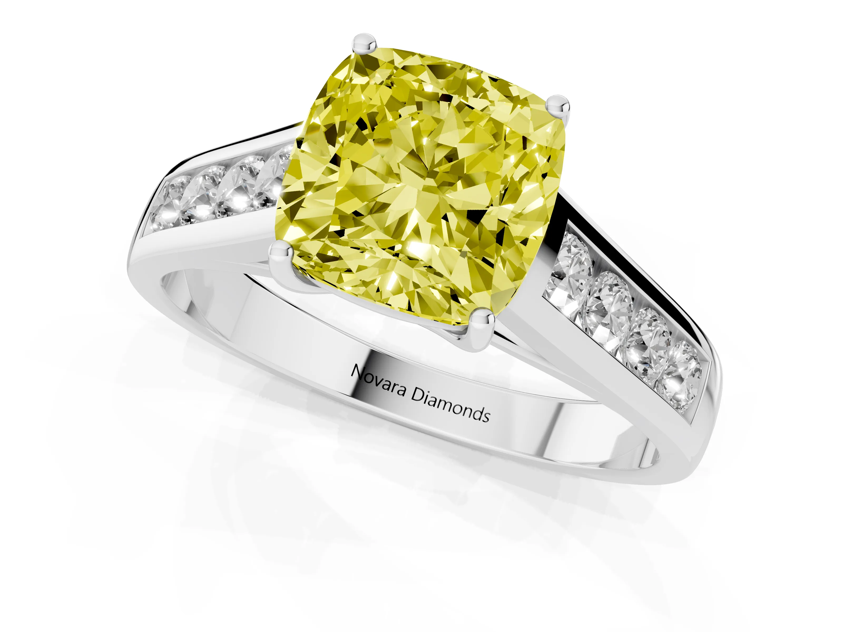 Fancy Yellow Cushion Cut Diamond Brilliant Channel-Set Solitaire Ring Set in Platinum with Prong Setting