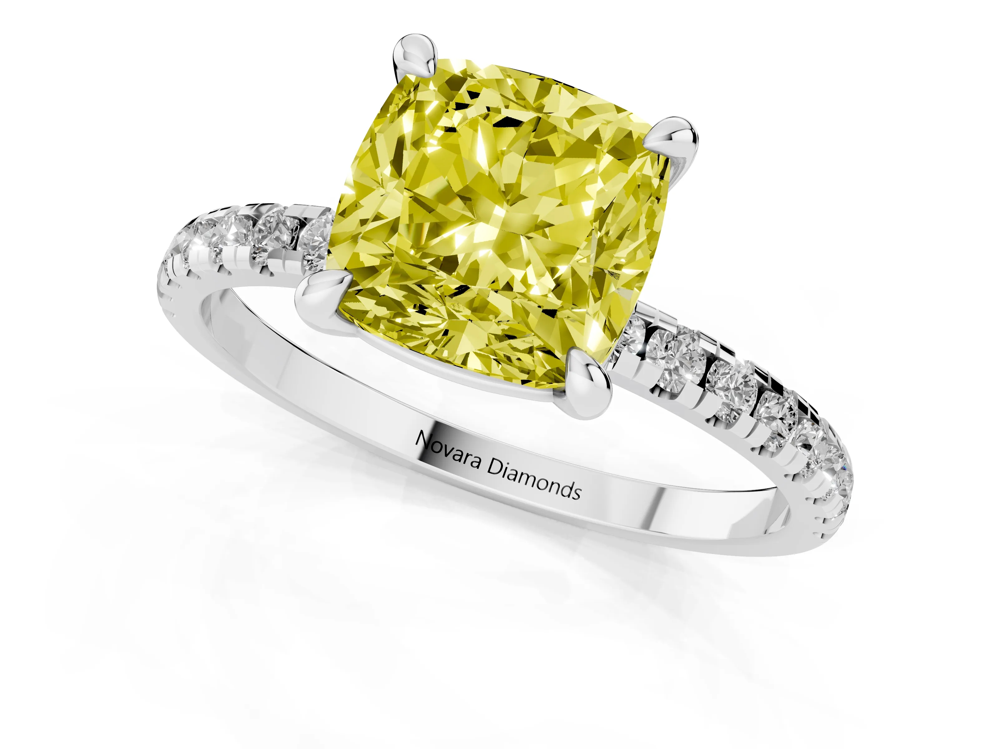 Fancy Yellow Cushion Cut Diamond Brilliant Solitaire Ring Set in Platinum with Pavé Band and Prong Setting