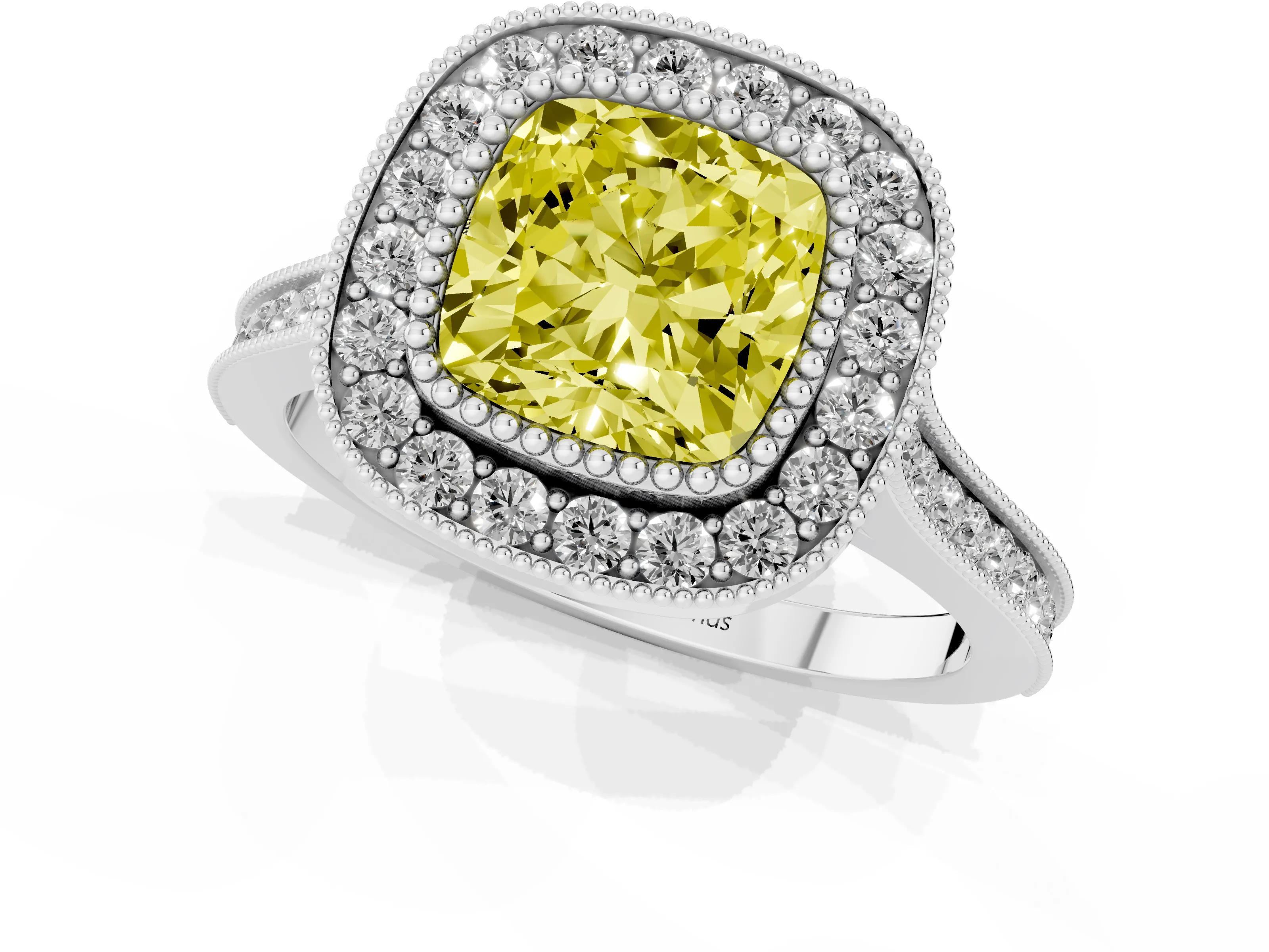 Fancy Yellow Cushion Cut Diamond Halo Ring Set in White gold with Milgrain Frame and Pavé Band