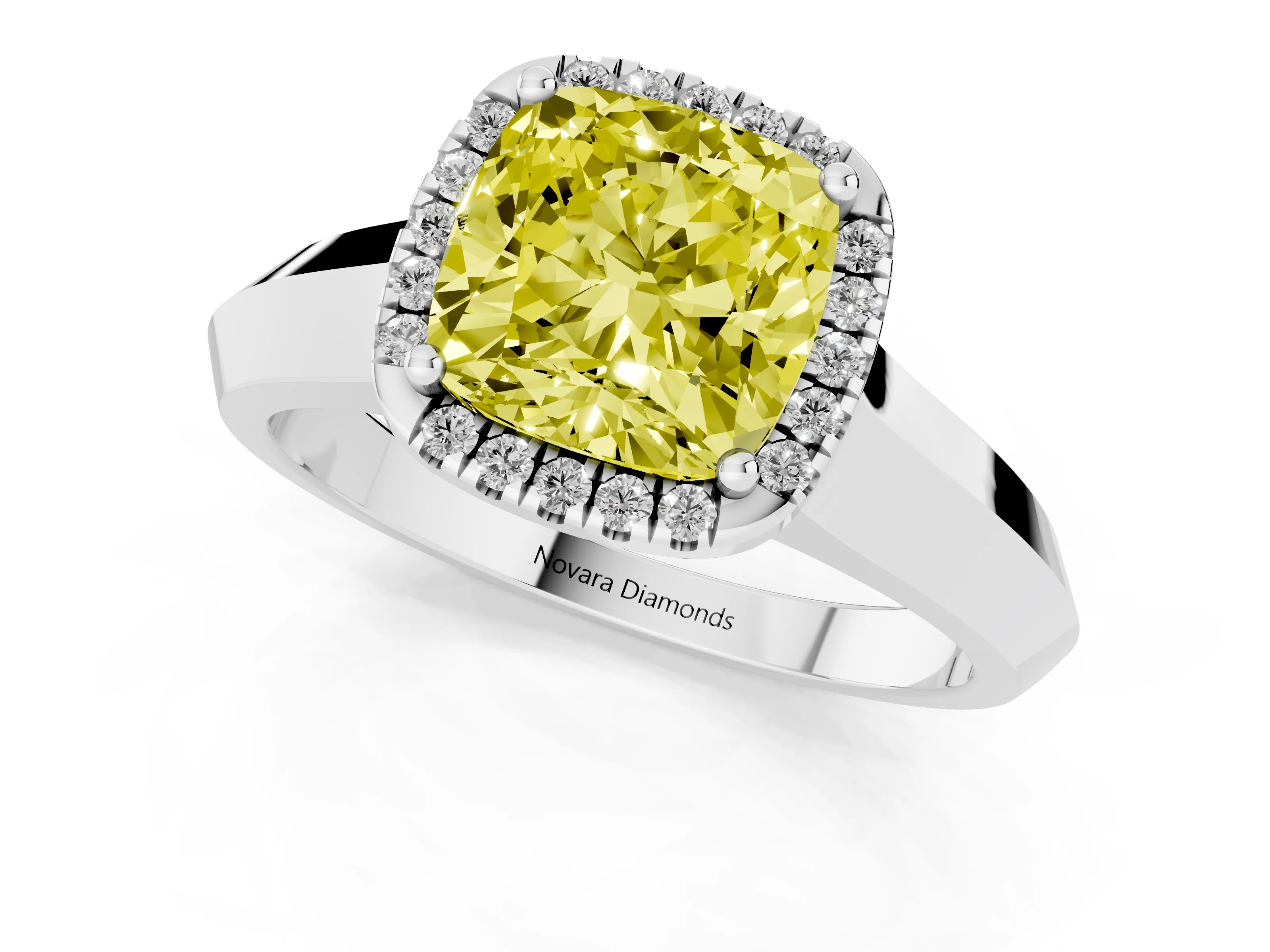 Fancy Yellow Cushion Cut Diamond Halo Ring Set in Silver with Cathedral Band and Prong Setting