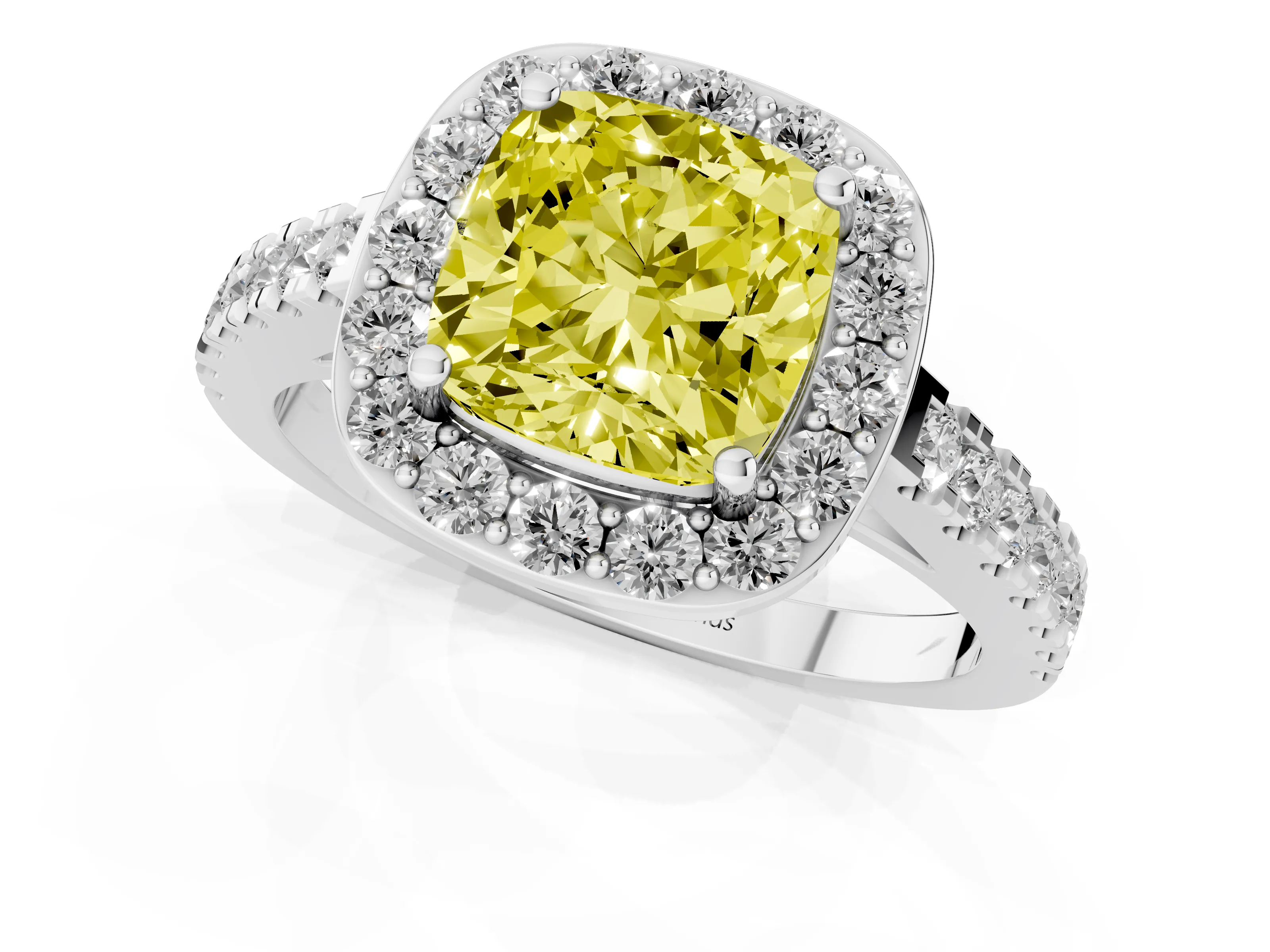 Fancy Yellow Cushion Cut Diamond Halo Ring Set in White gold with Round Pavé Split Shank and Prong Setting