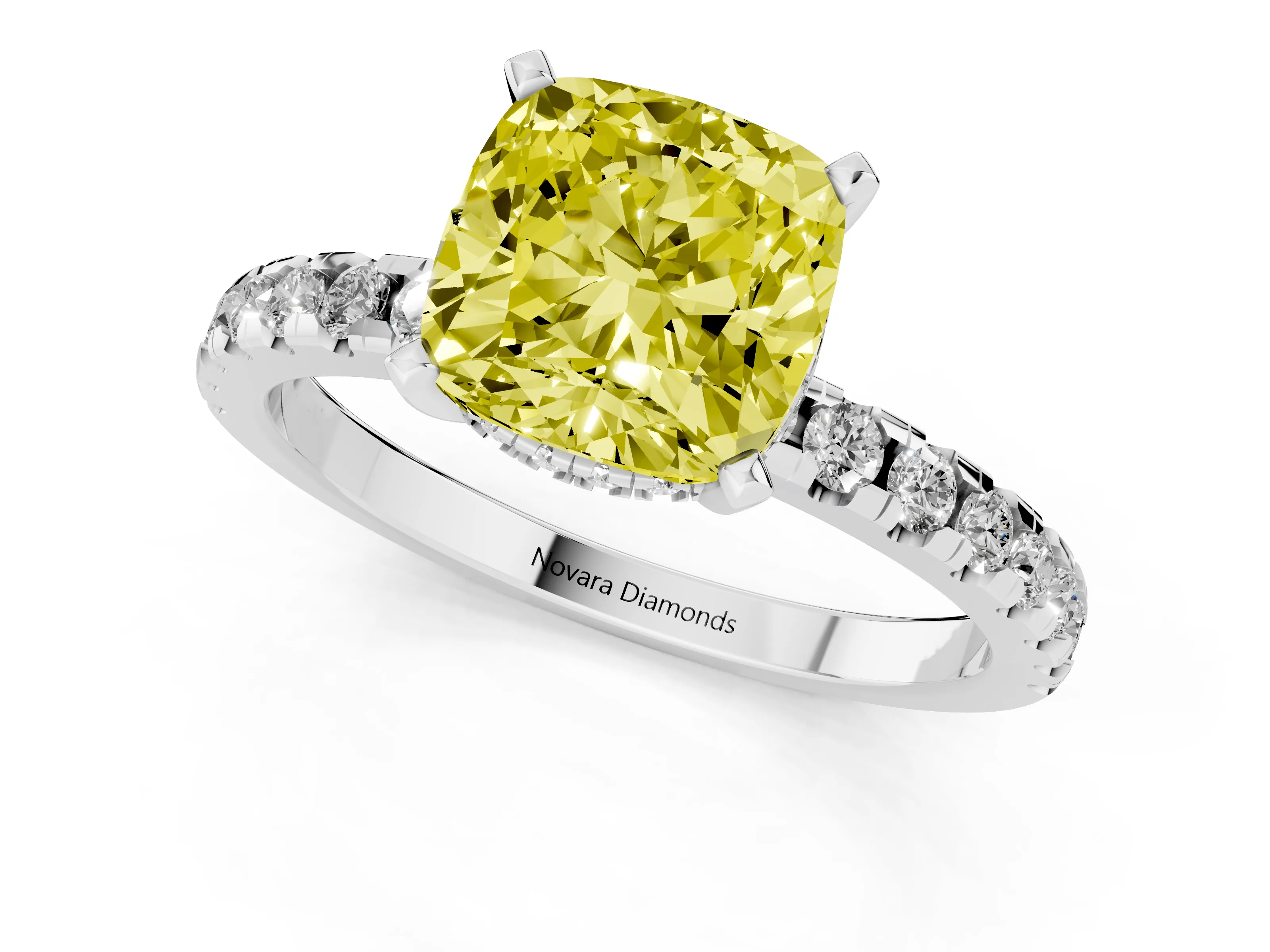Fancy Yellow Cushion Cut Diamond Pavé Solitaire Ring Set in Platinum with Round Band Accents and Prong Setting – second view