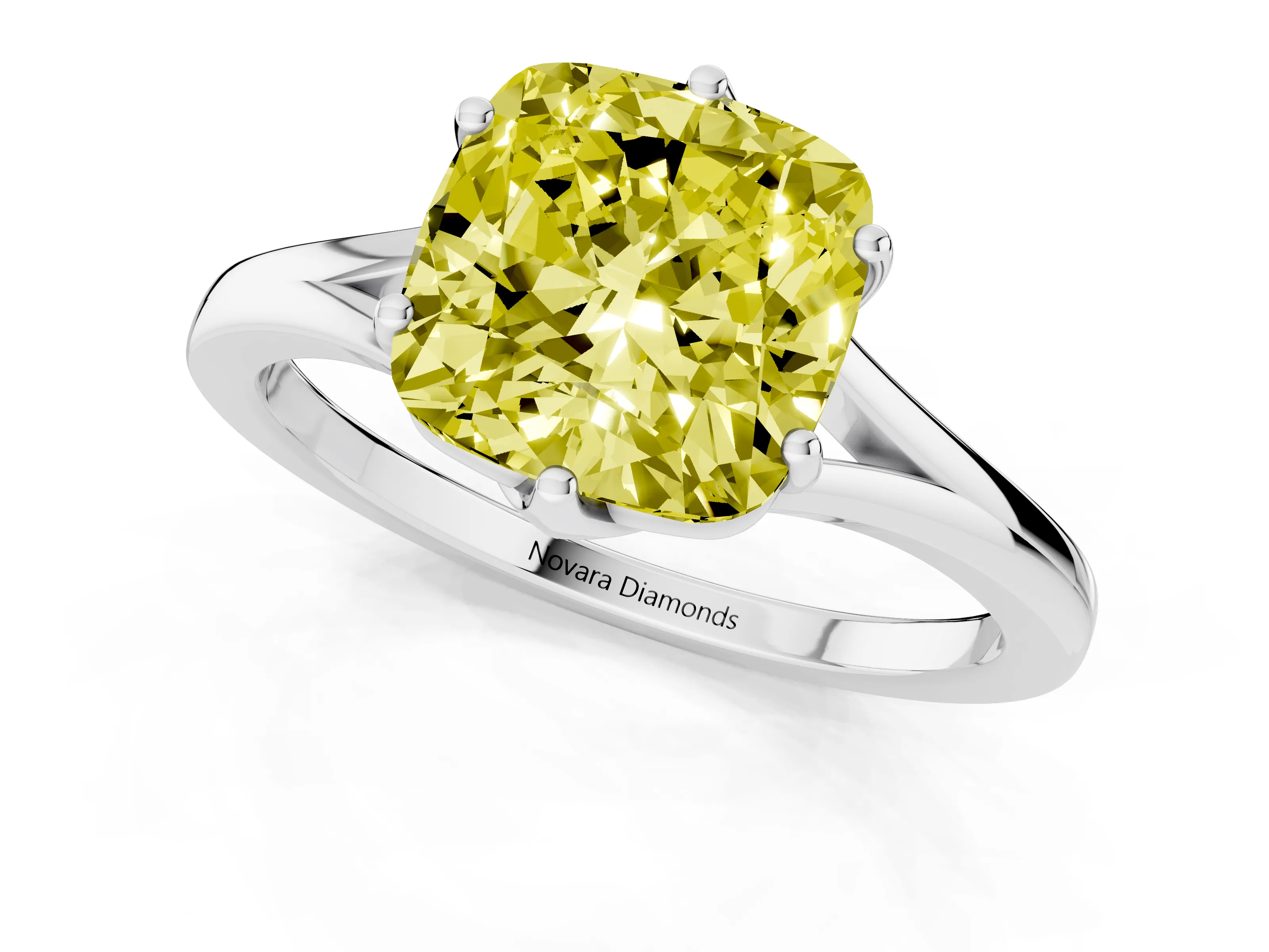 Fancy Yellow Cushion Cut Diamond Solitaire Ring Set in White gold with Polished Tapered Band and Prong Setting