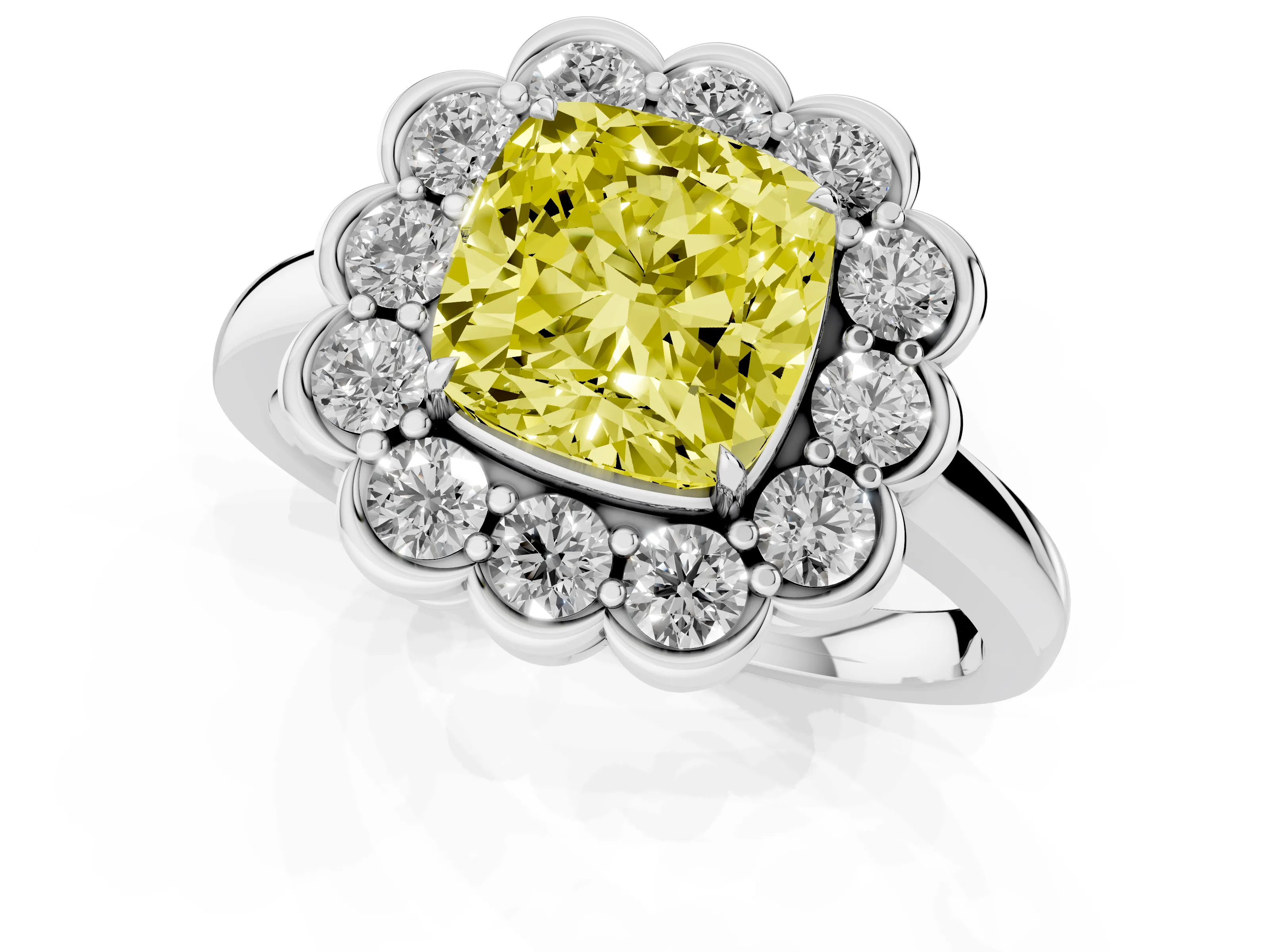 Fancy Yellow Cushion Cut Diamond Halo Cluster Engagement Ring Set in Platinum with Solitaire Band and Prong Setting