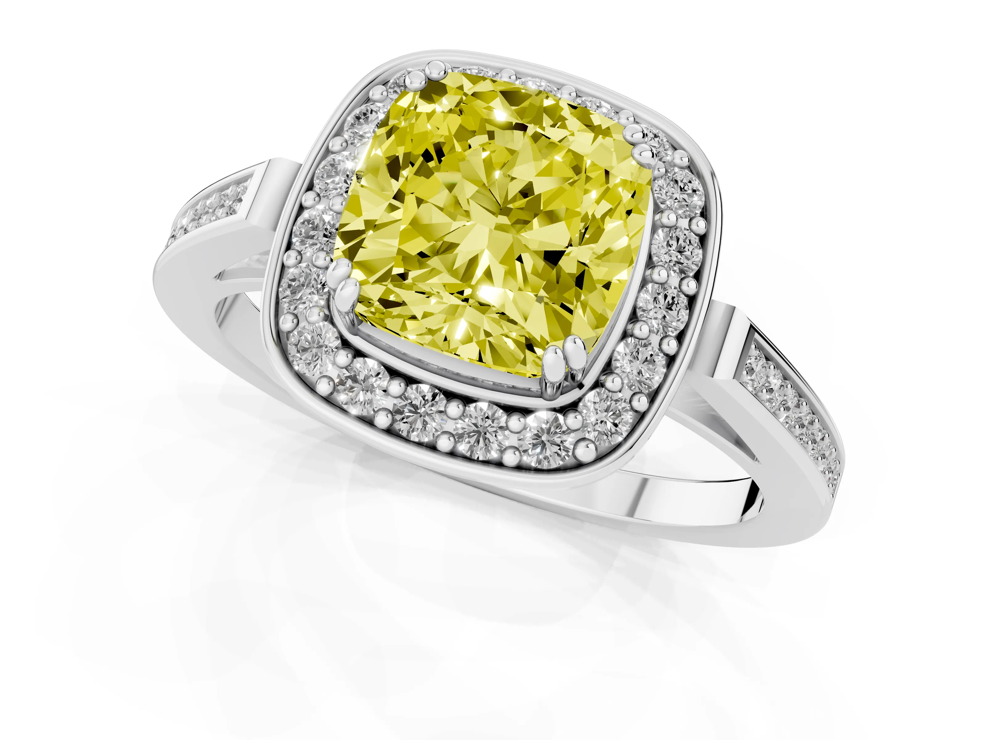 Fancy Yellow Cushion Cut Diamond Halo Ring Set in Platinum with Accent-Lined Split Shank and Prong Setting