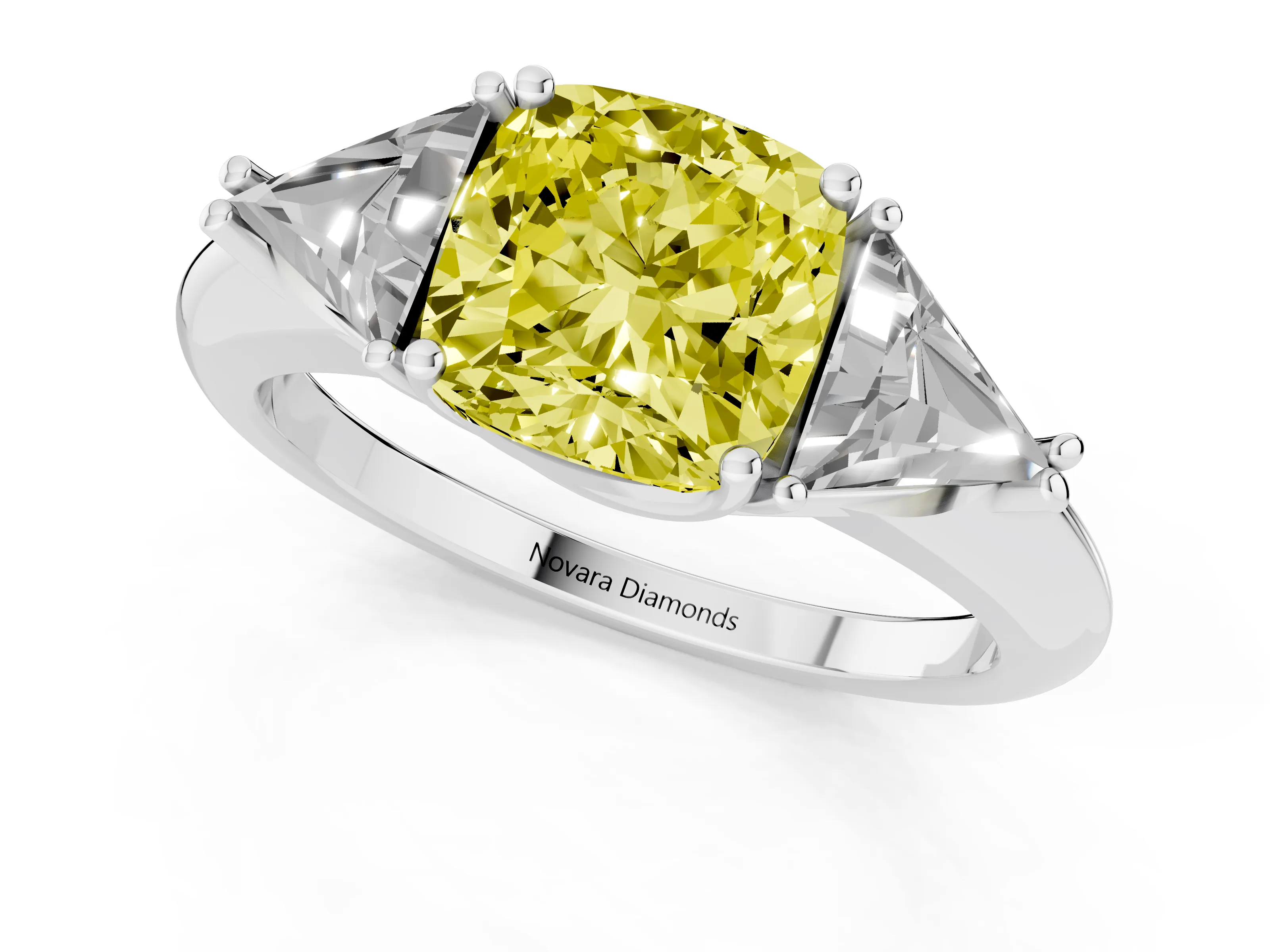 Fancy Yellow Cushion Cut Diamond Three-Stone Engagement Ring Set in Silver with Trillion Side Stones