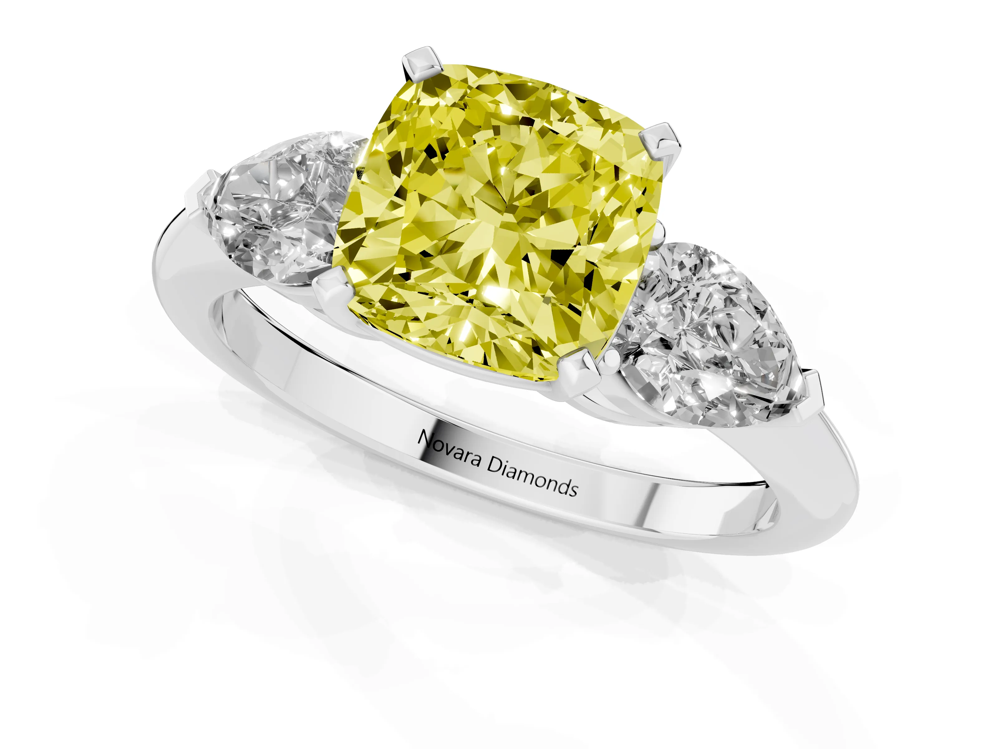 Fancy Yellow Three-Stone Cushion Cut Diamond Ring Set in Silver with Pear Side Stones and Prong Setting