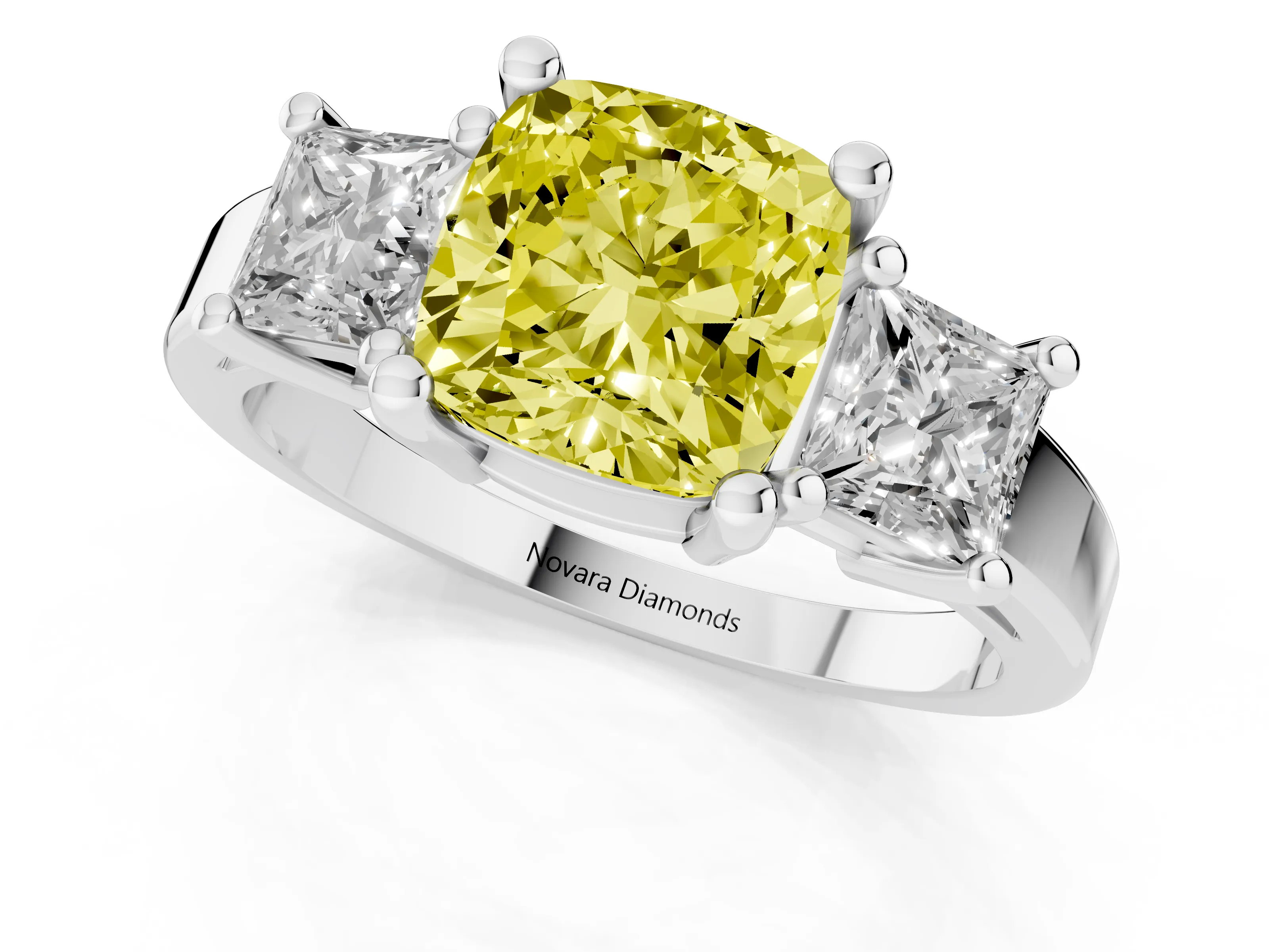 Fancy Yellow Three-Stone Cushion Cut Diamond Solitaire Ring Set in Silver with Prong Setting