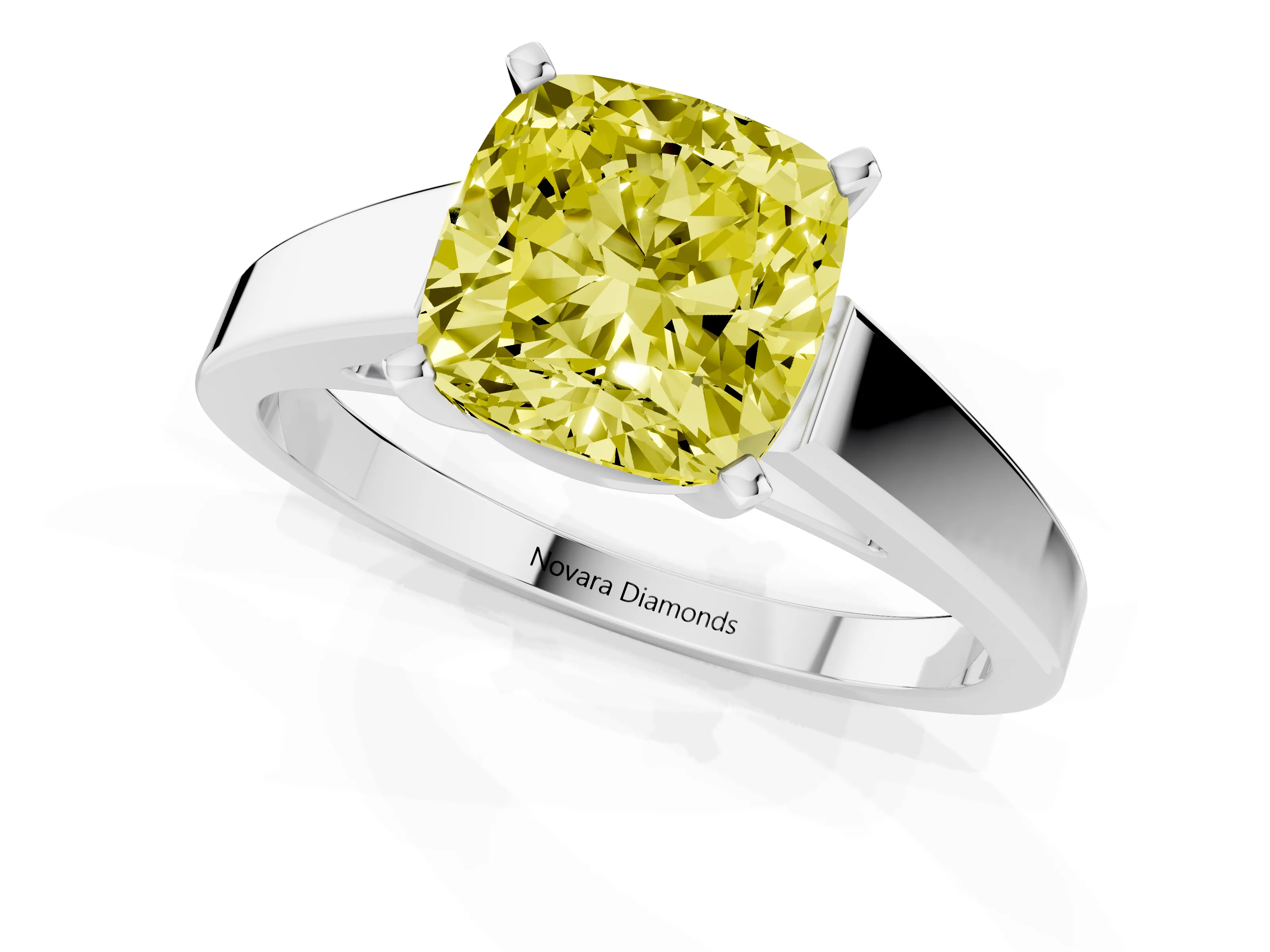 Fancy Yellow Cushion Cut Diamond Solitaire Engagement Ring Set in White gold with Prong Setting and Tapered Band