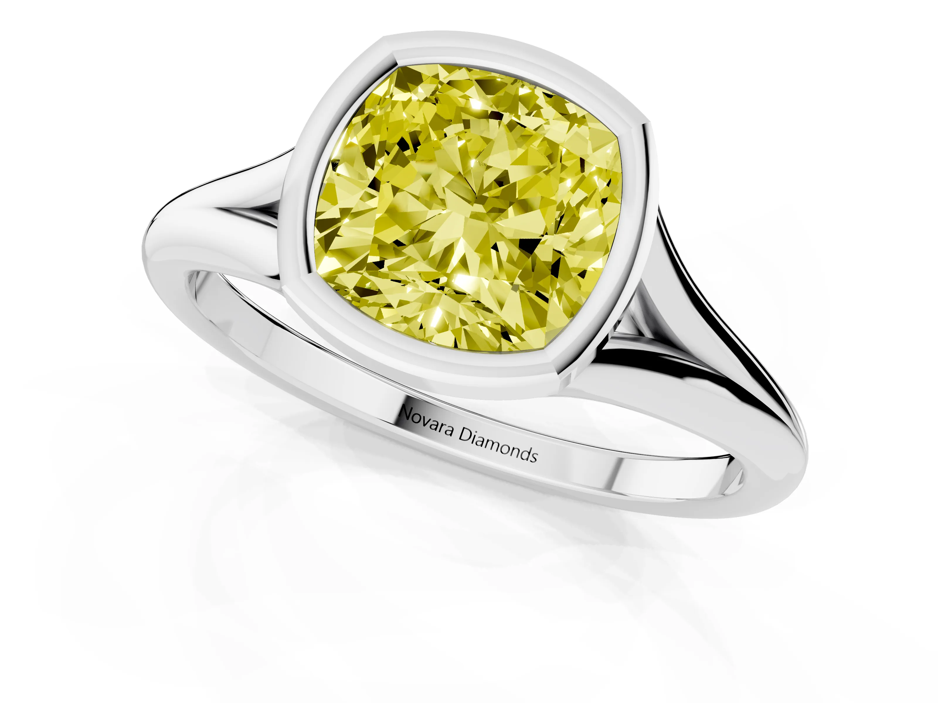 Fancy Yellow Bezel Set Cushion Cut Diamond Solitaire Ring Set in Silver with Tapered Band