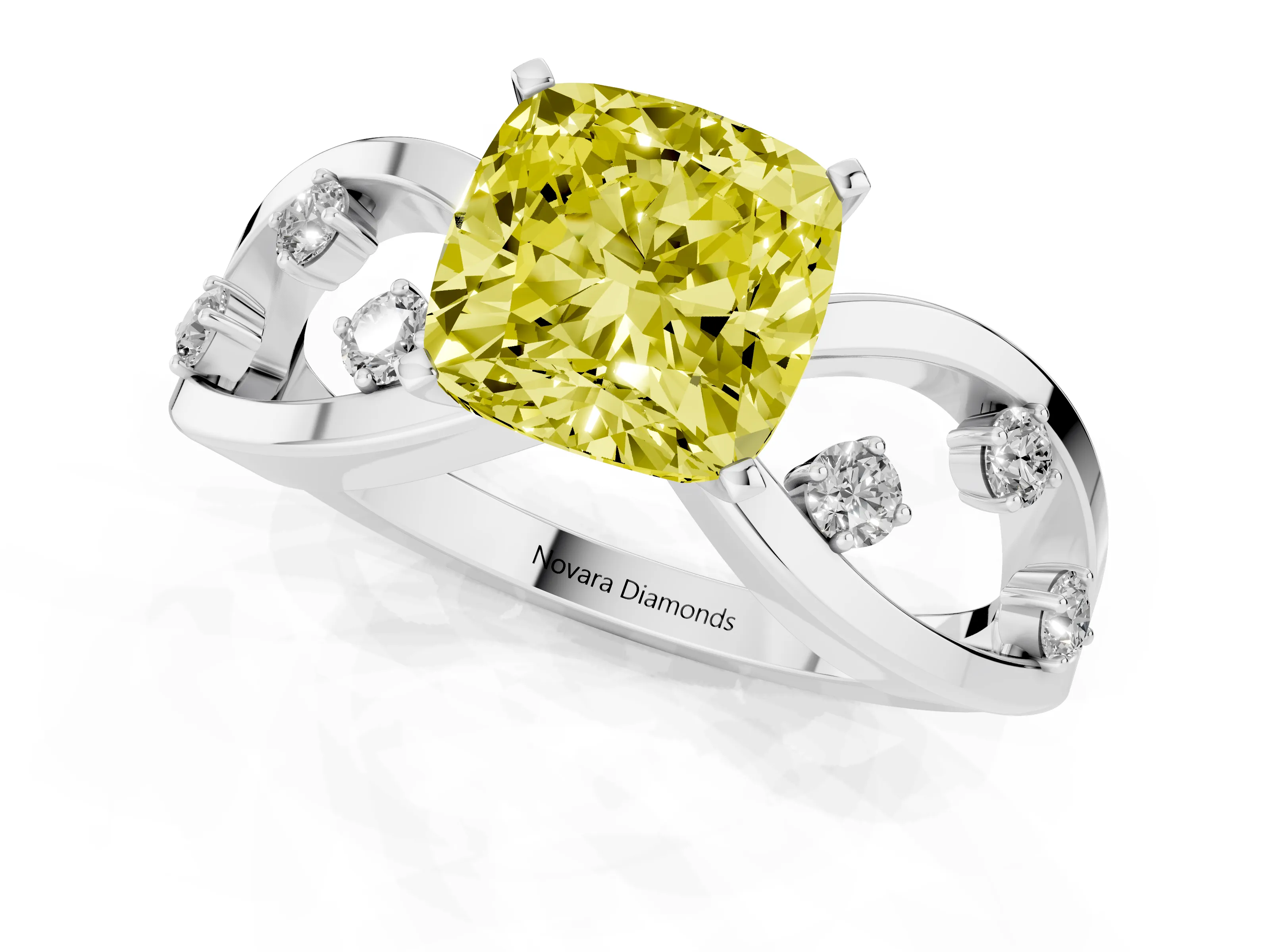 Fancy Yellow Cushion Cut Diamond Solitaire Ring Set in Platinum with Side Stones on Criss-Cross Band and Prong Setting