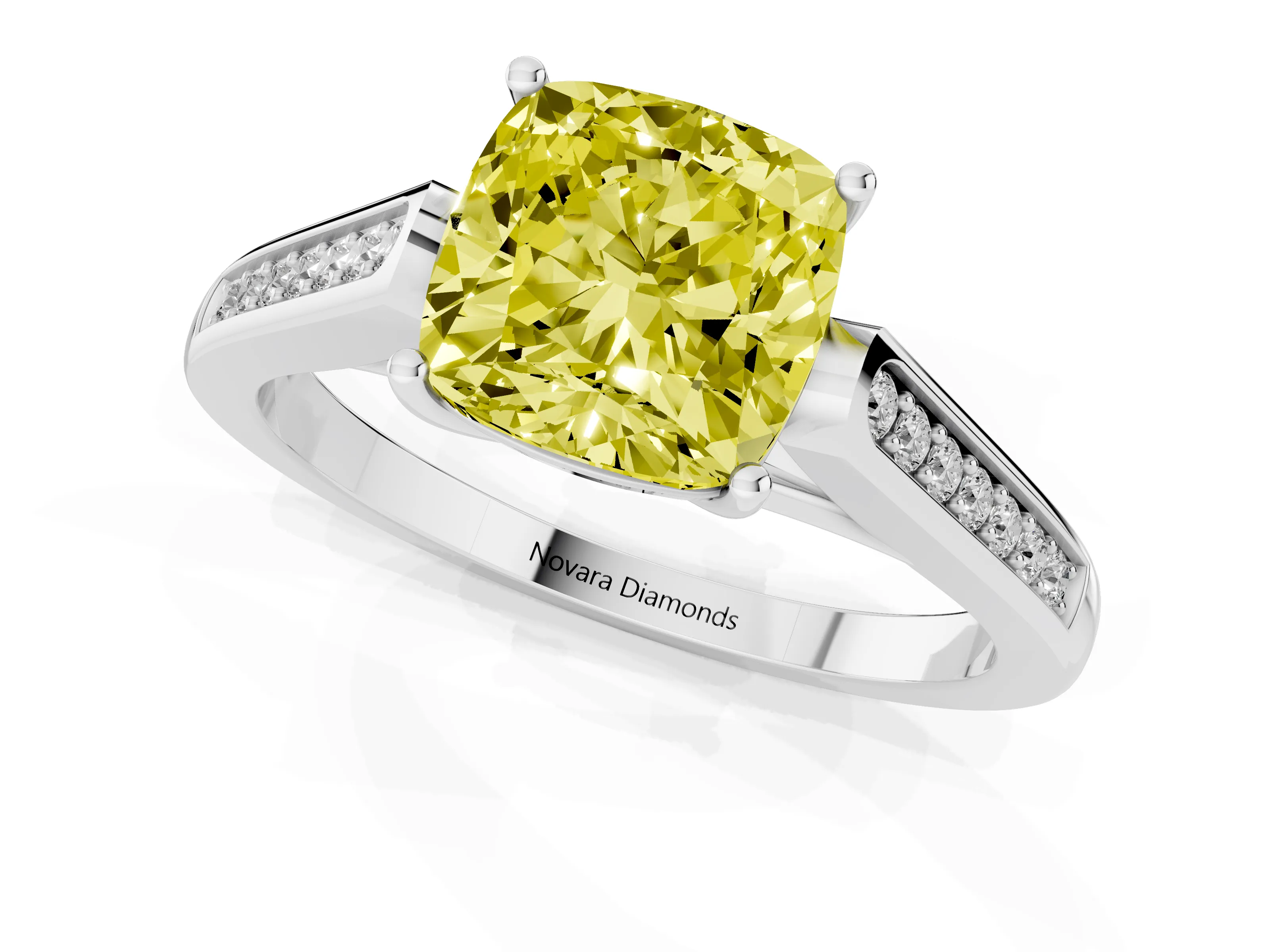 Fancy Yellow Cushion Cut Diamond Solitaire Cathedral Engagement Ring Set in Platinum with Channel-Set Band and Prong Setting