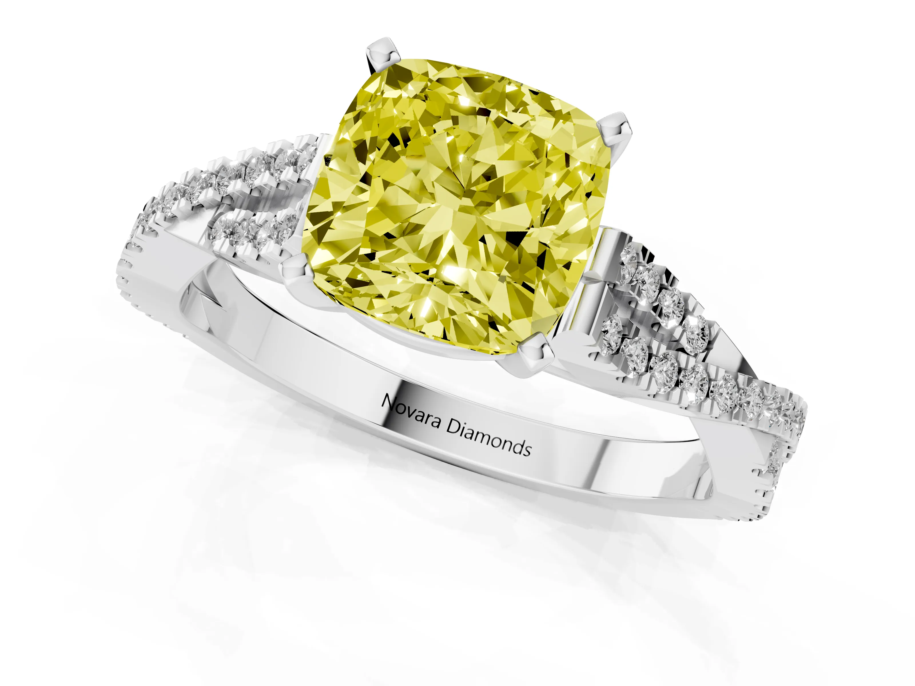 Fancy Yellow Cushion Cut Diamond Solitaire Engagement Ring Set in Platinum with Twisted Pavé Band and Prong Setting