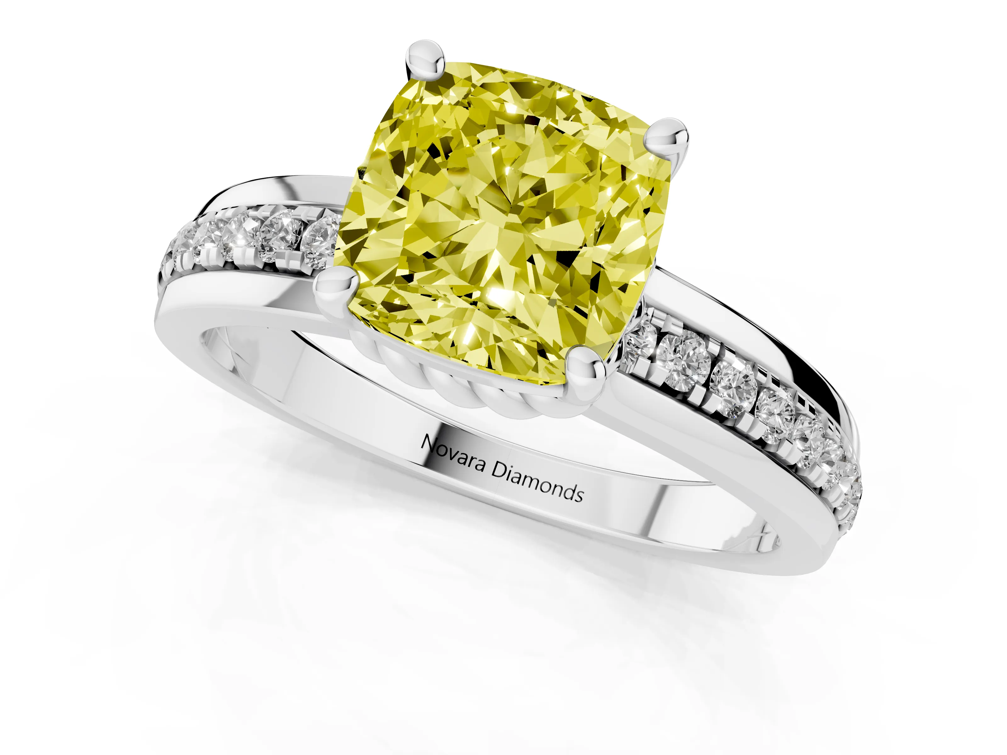 Fancy Yellow Cushion Cut Diamond Solitaire Ring Set in Silver with Channel Set Band and Prong Setting