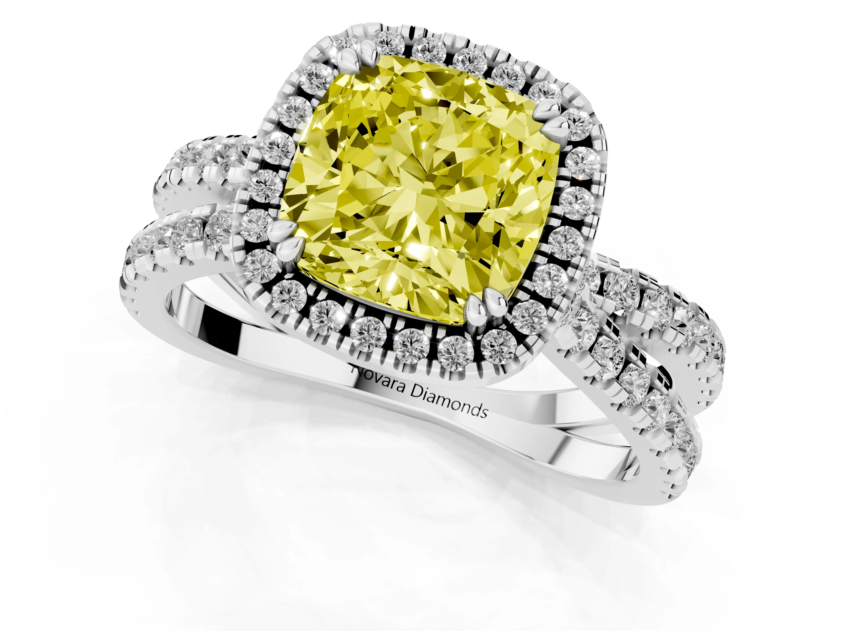 Fancy Yellow Cushion Cut Diamond Halo Split Shank Ring Set in Platinum with Pavé Setting – second view